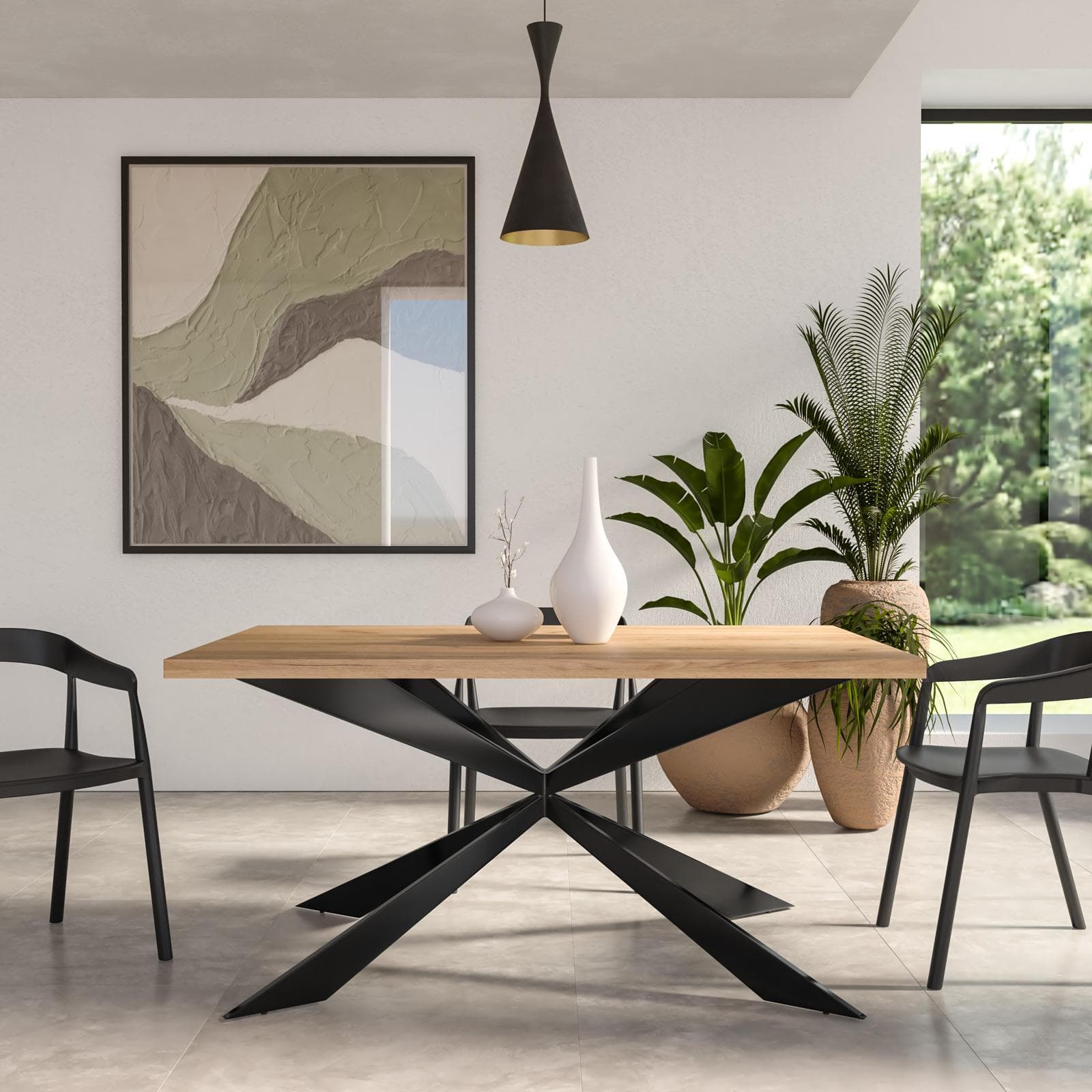 Tavolo da pranzo 150x70 cm top effetto rovere gold 38 mm e gambe incrociate in metallo nero - Manty