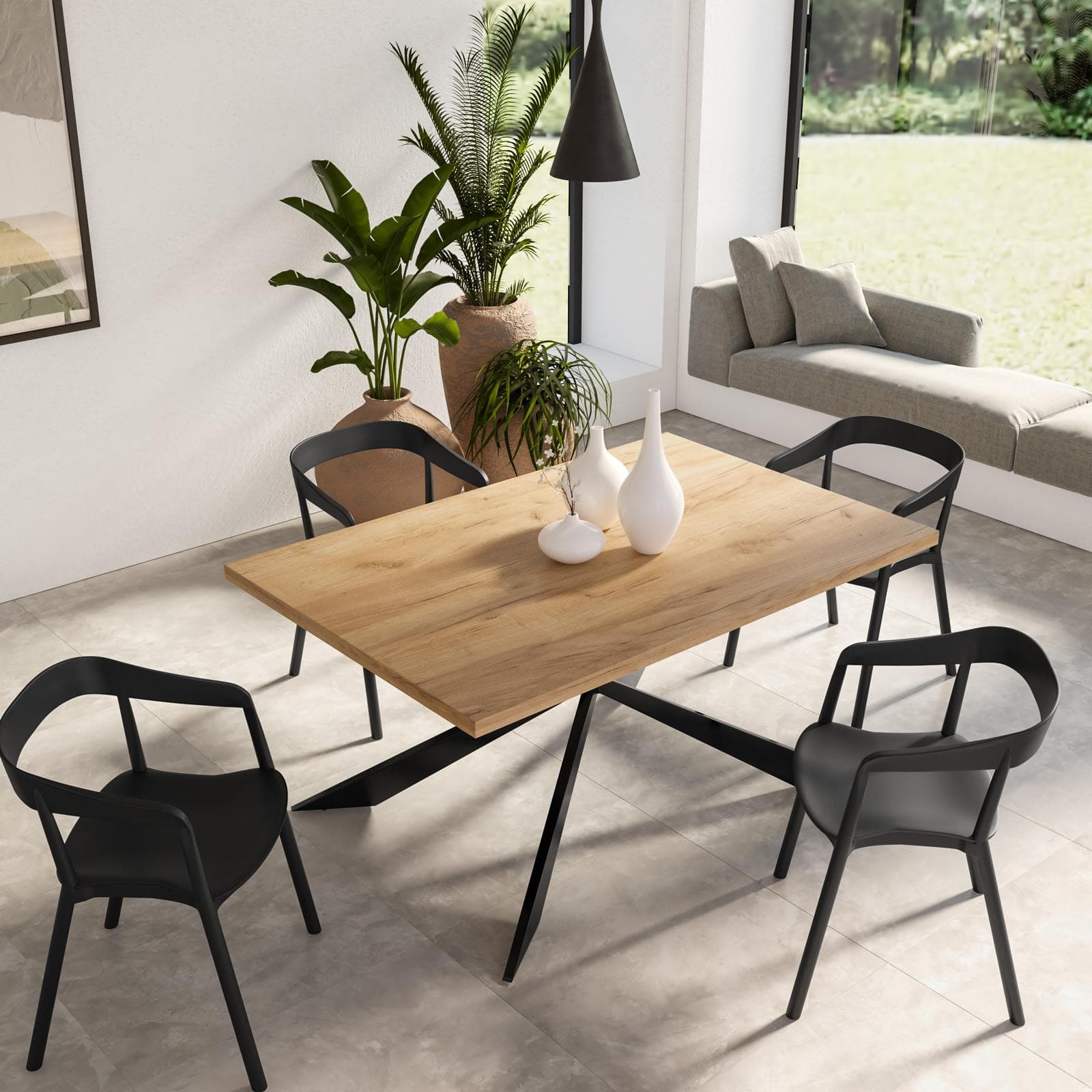 Tavolo da pranzo 150x70 cm top effetto rovere gold 38 mm e gambe incrociate in metallo nero - Manty