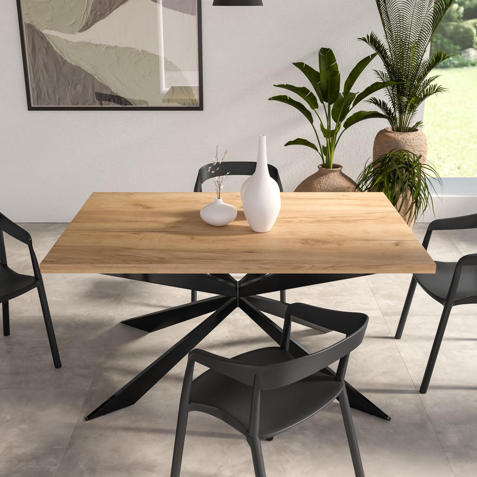 Tavolo da pranzo 150x70 cm top effetto rovere gold 38 mm e gambe incrociate in metallo nero - Manty