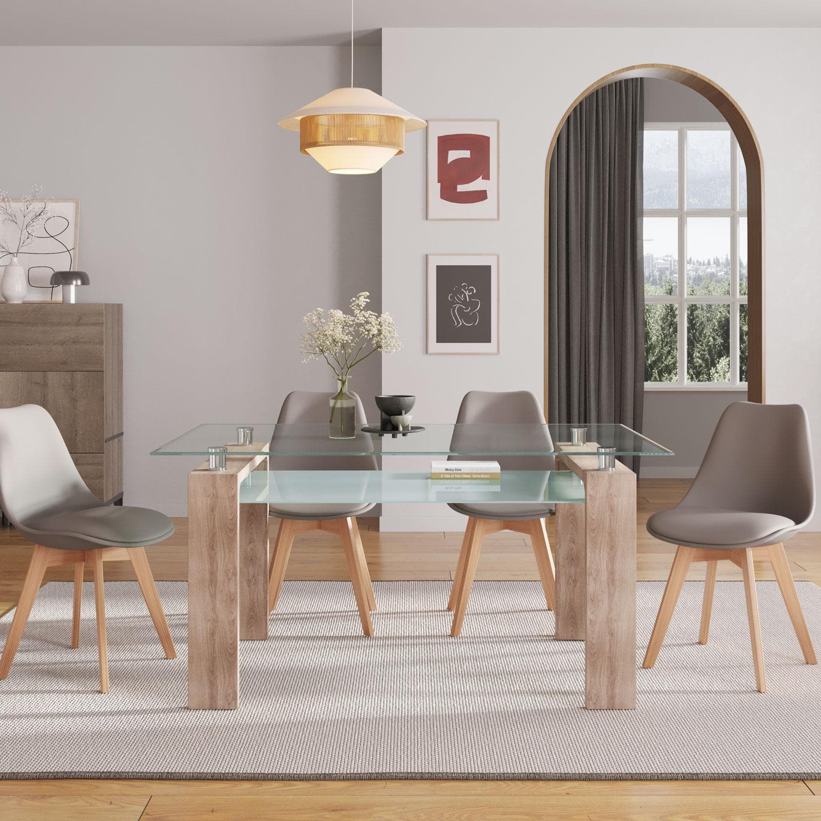 Tavolo da pranzo 150x90 cm con top in vetro e gambe effetto rovere chiaro - Savannah