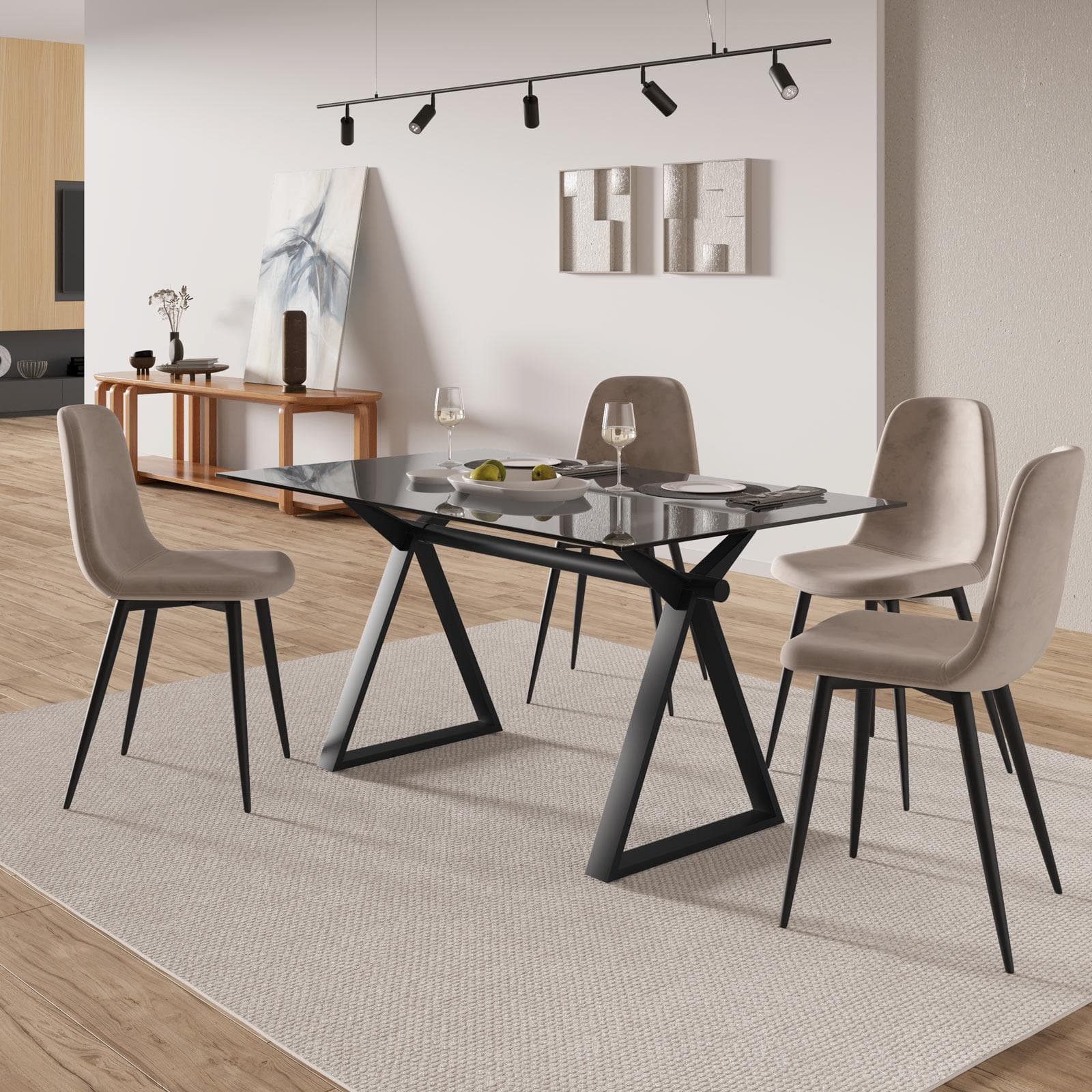 Tavolo da pranzo 150x90 cm piano vetro 10 mm e base in acciaio nero - Masao