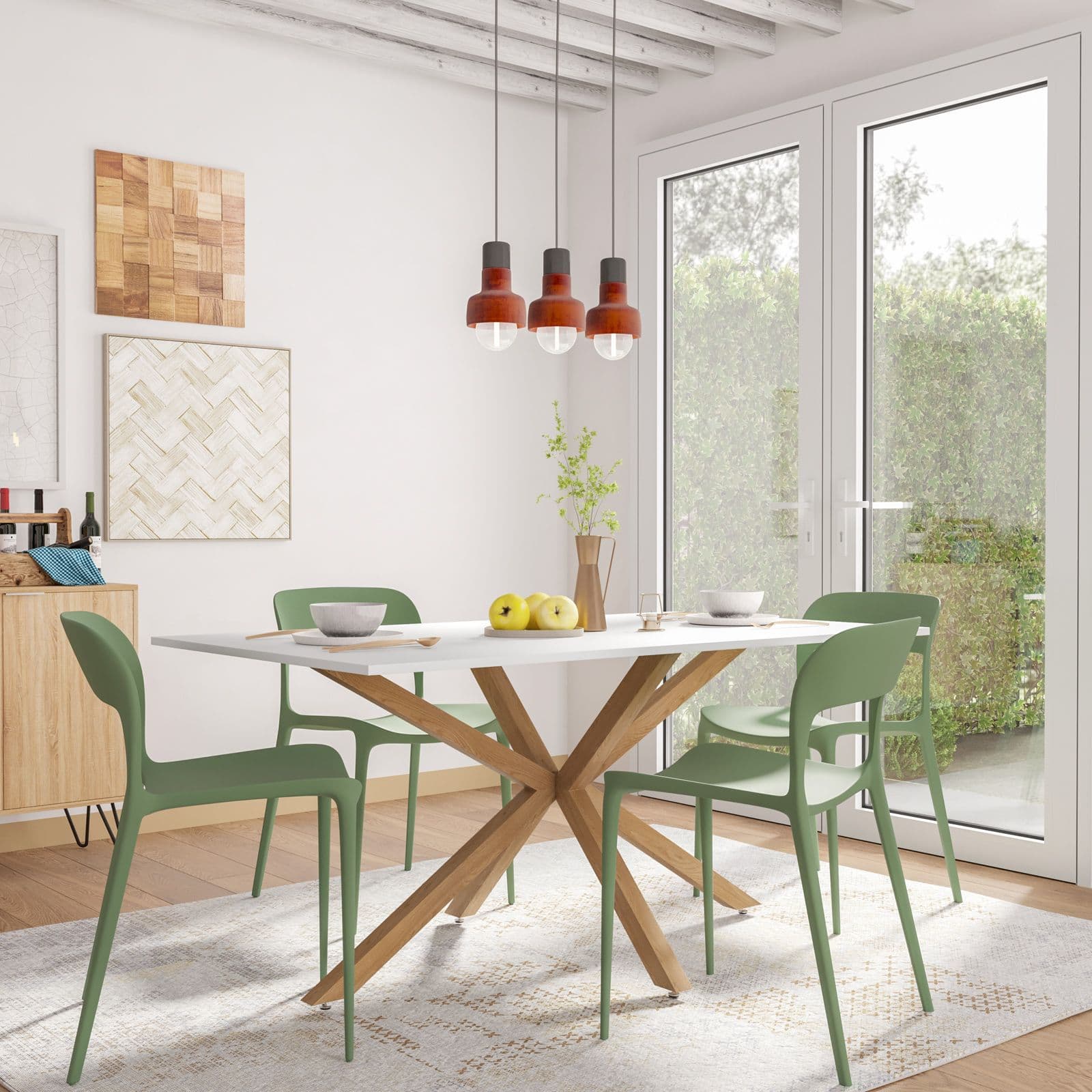Tavolo 160x90 cm top bianco e gambe incrociate in metallo effetto rovere chiaro - Focal