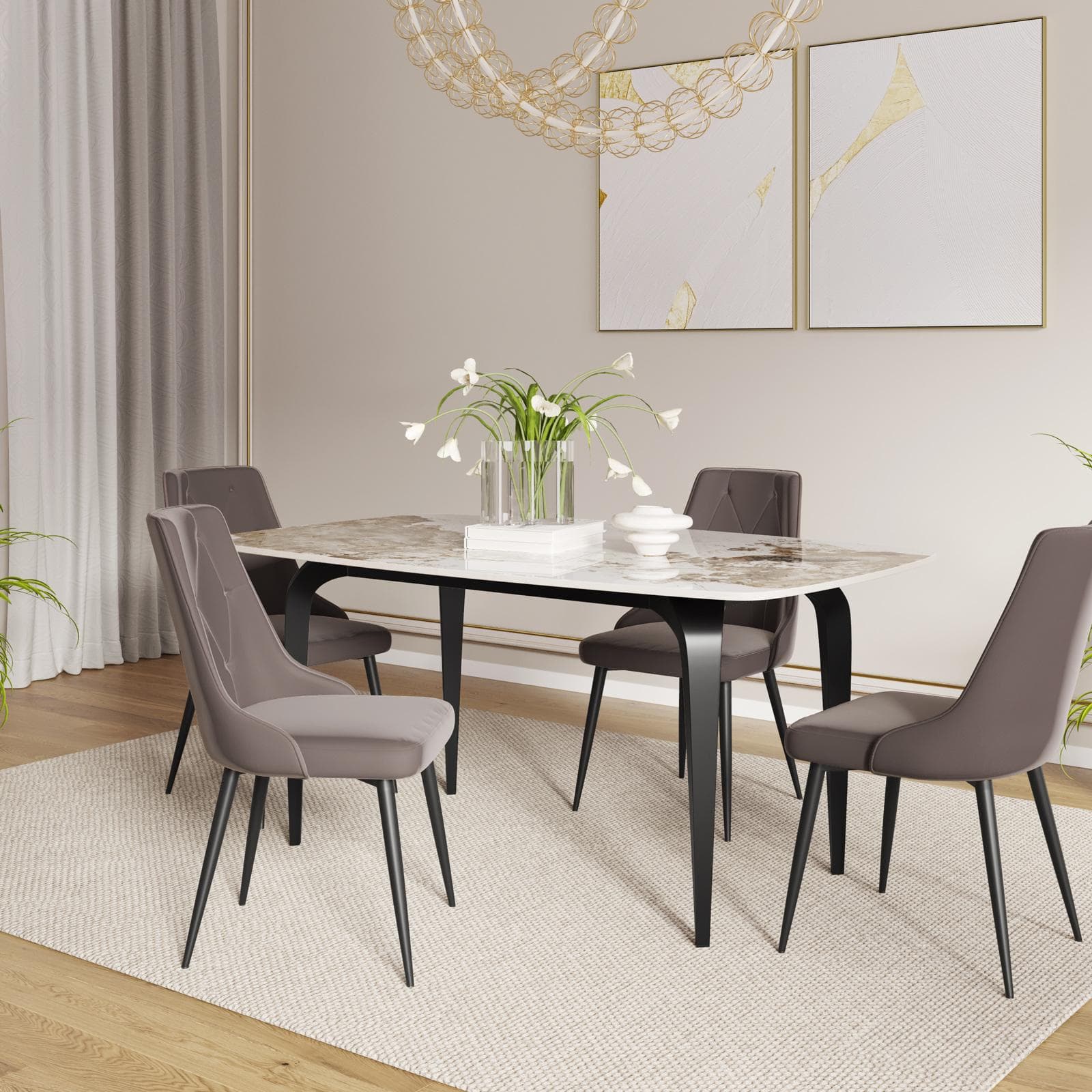 Tavolo da pranzo 160x90 cm top in ceramica effetto marmo beige con gambe in metallo nero - Nagrim