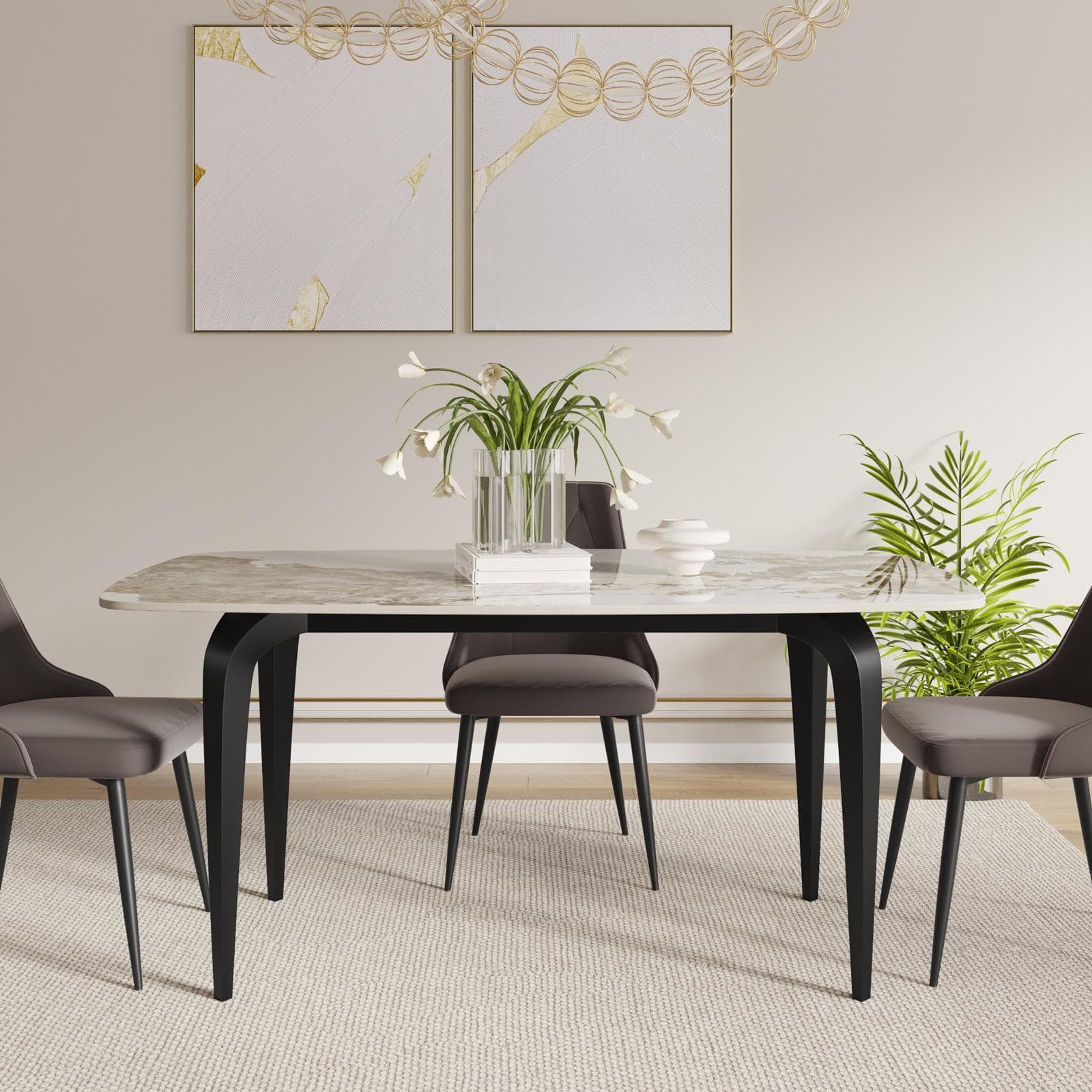 Tavolo da pranzo 160x90 cm top in ceramica effetto marmo beige con gambe in metallo nero - Nagrim