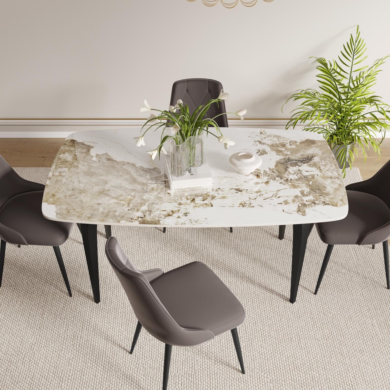 Tavolo da pranzo 160x90 cm top in ceramica effetto marmo beige con gambe in metallo nero - Nagrim