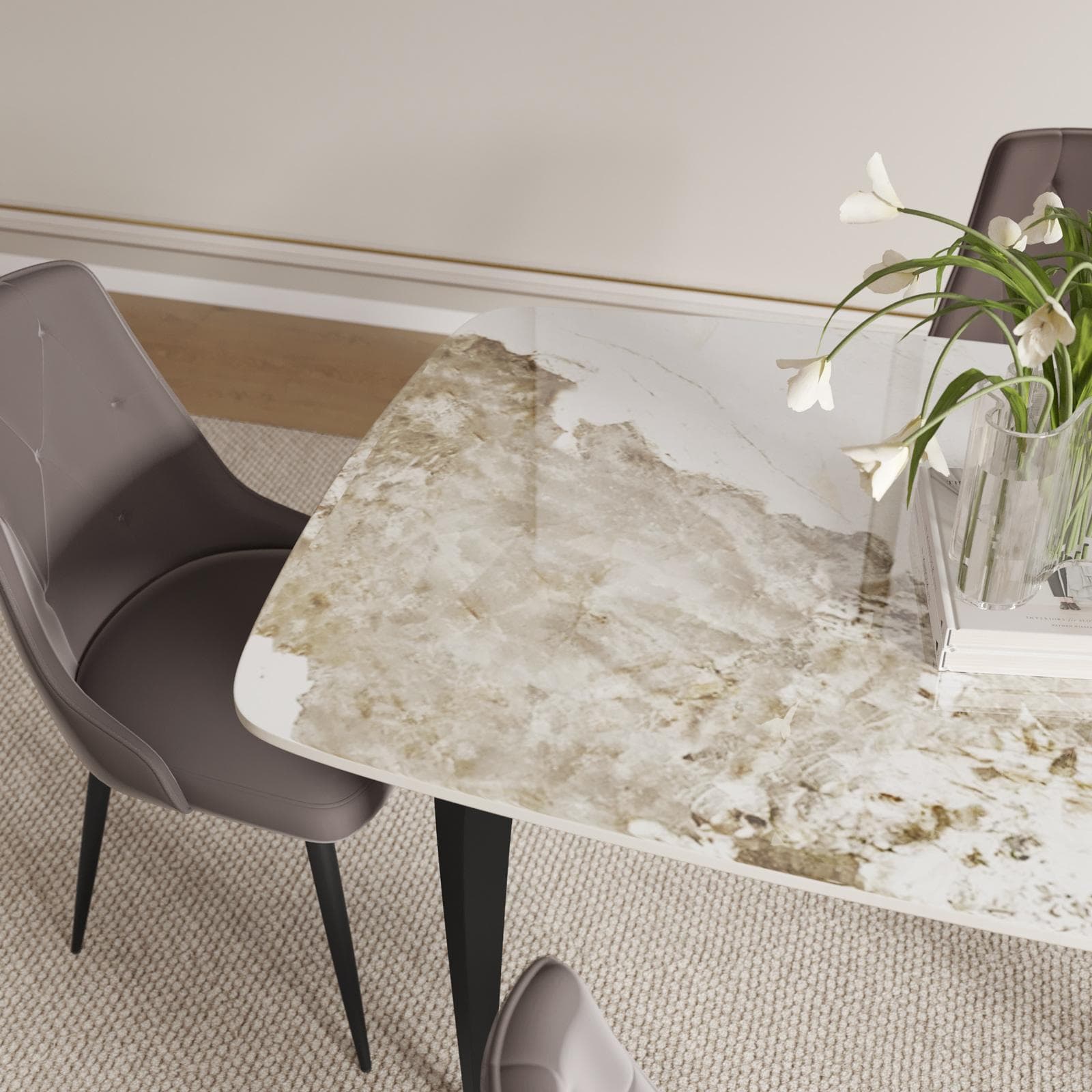 Tavolo da pranzo 160x90 cm top in ceramica effetto marmo beige con gambe in metallo nero - Nagrim