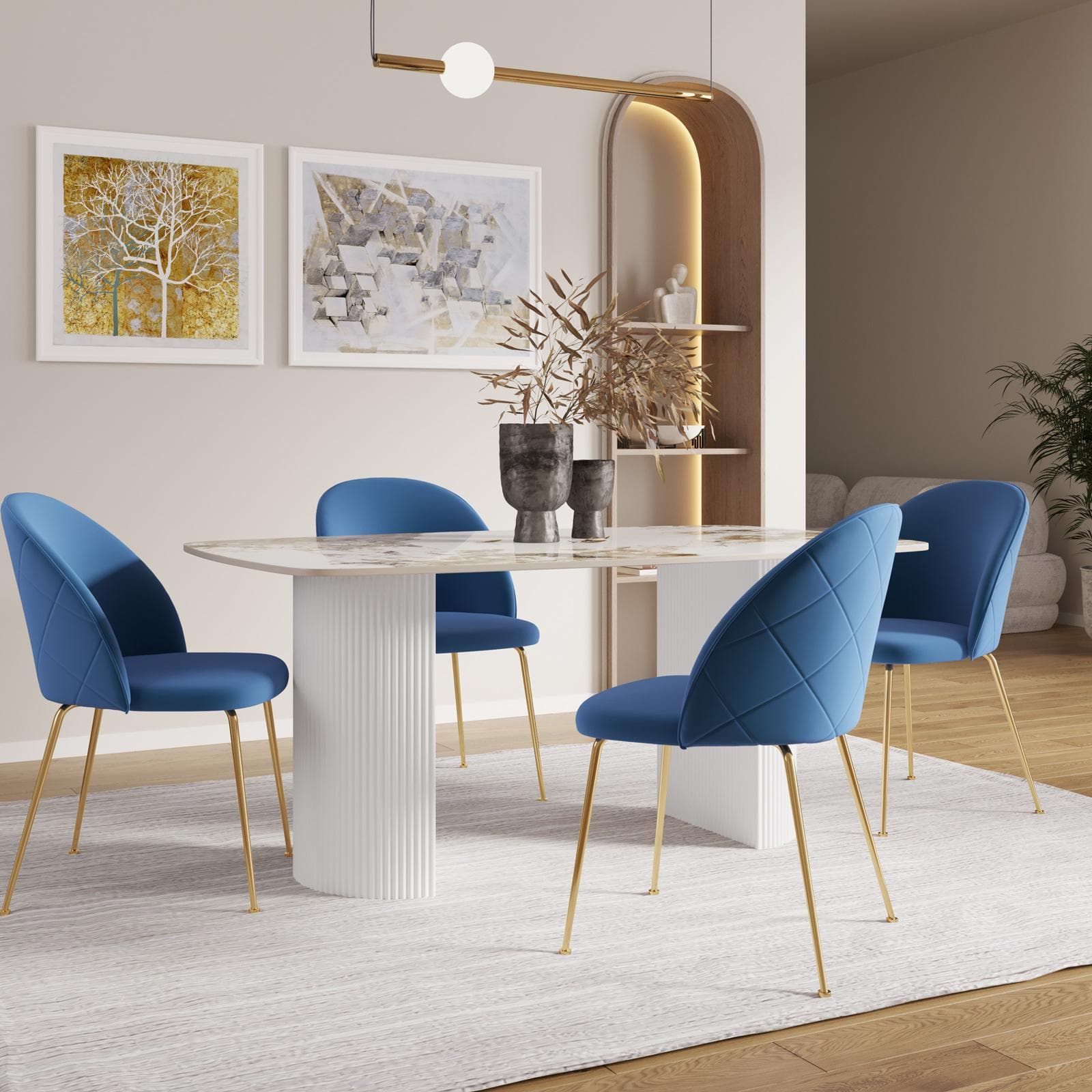Tavolo da pranzo 160x90 cm top in ceramica effetto marmo beige e gambe in metallo cannettato - Rolam