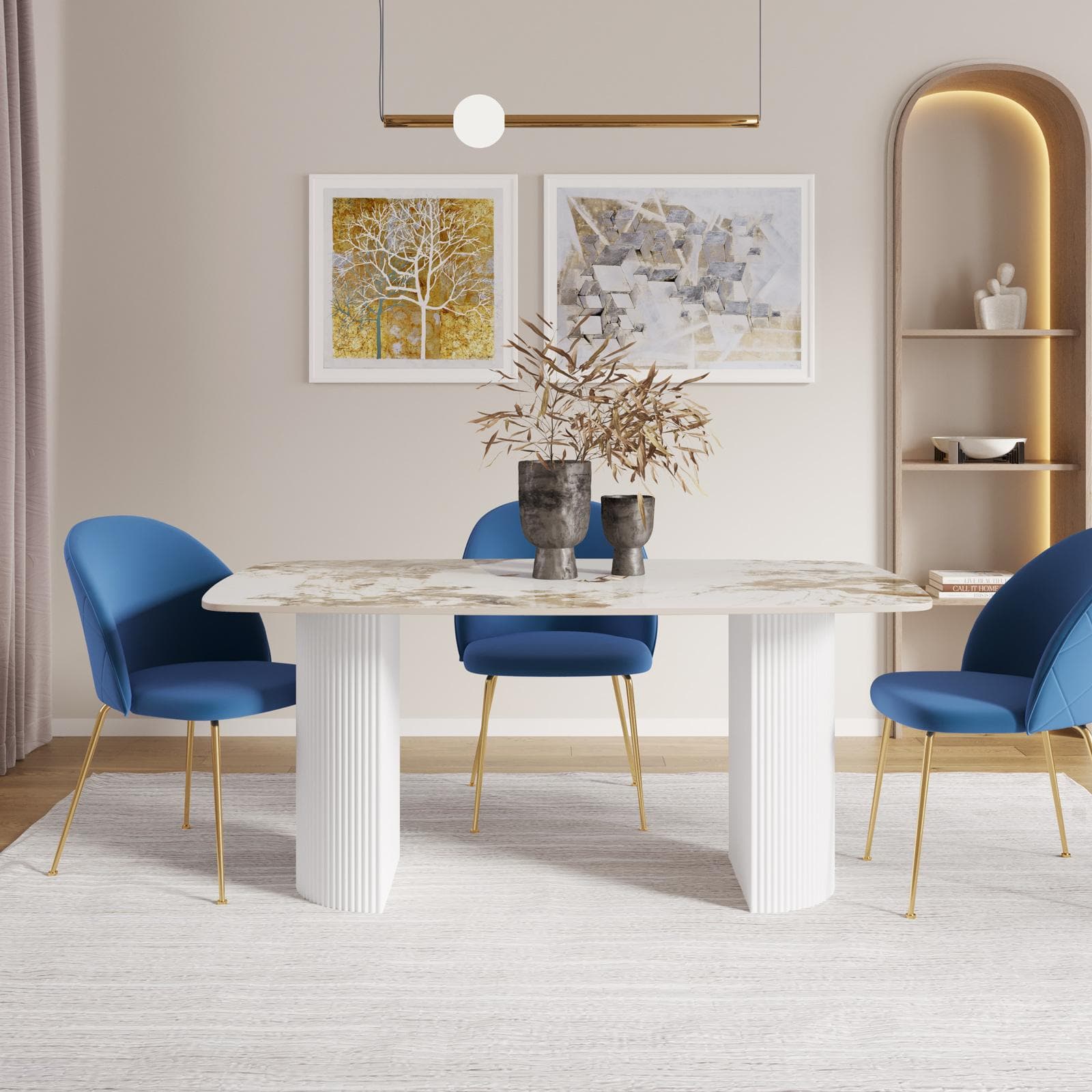 Tavolo da pranzo 160x90 cm top in ceramica effetto marmo beige e gambe in metallo cannettato - Rolam
