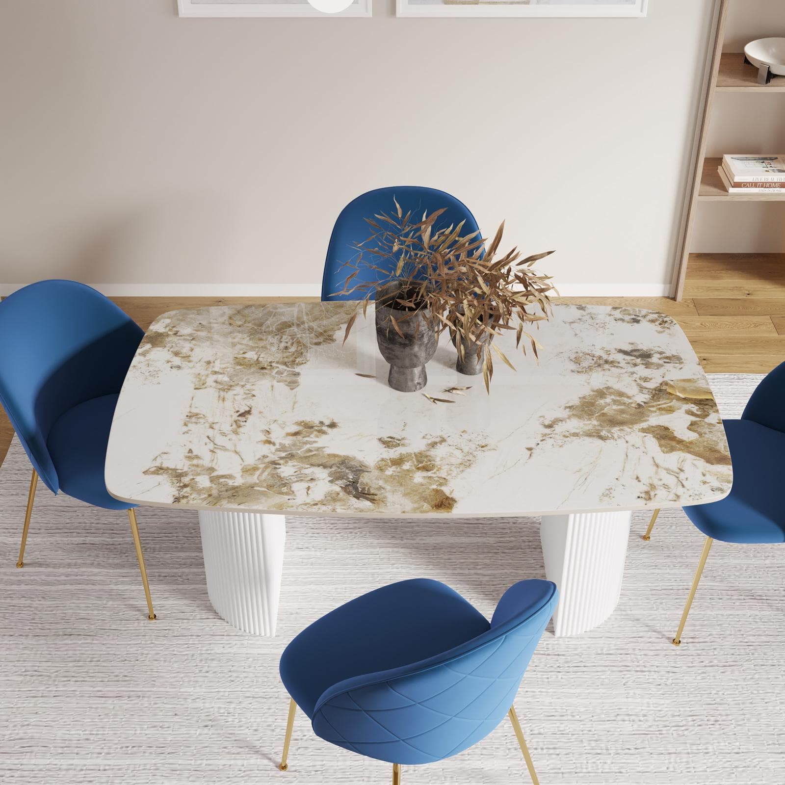 Tavolo da pranzo 160x90 cm top in ceramica effetto marmo beige e gambe in metallo cannettato - Rolam