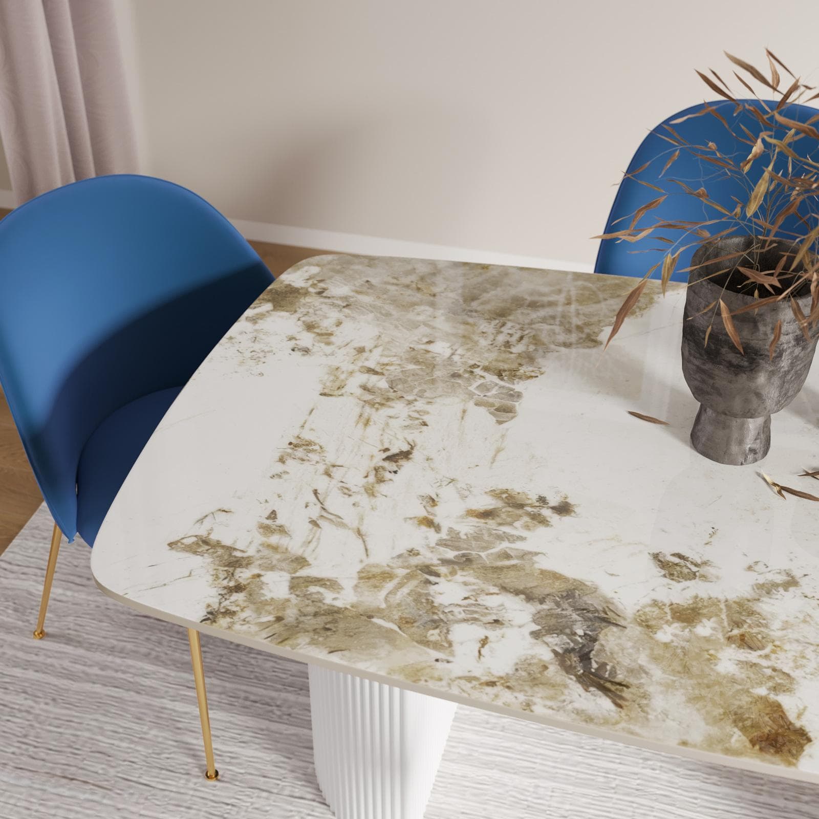 Tavolo da pranzo 160x90 cm top in ceramica effetto marmo beige e gambe in metallo cannettato - Rolam