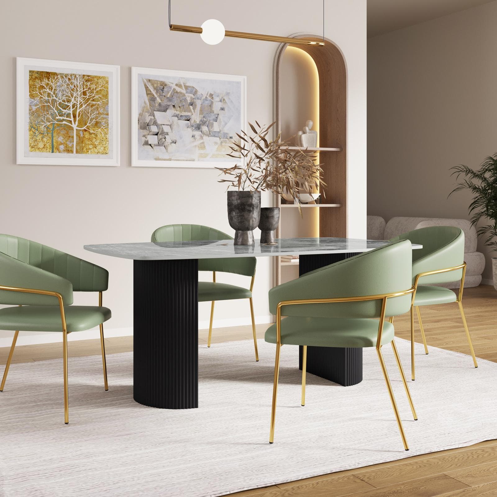 Tavolo da pranzo 160x90 cm top in ceramica effetto marmo grigio e gambe in metallo cannettato nero - Rolam