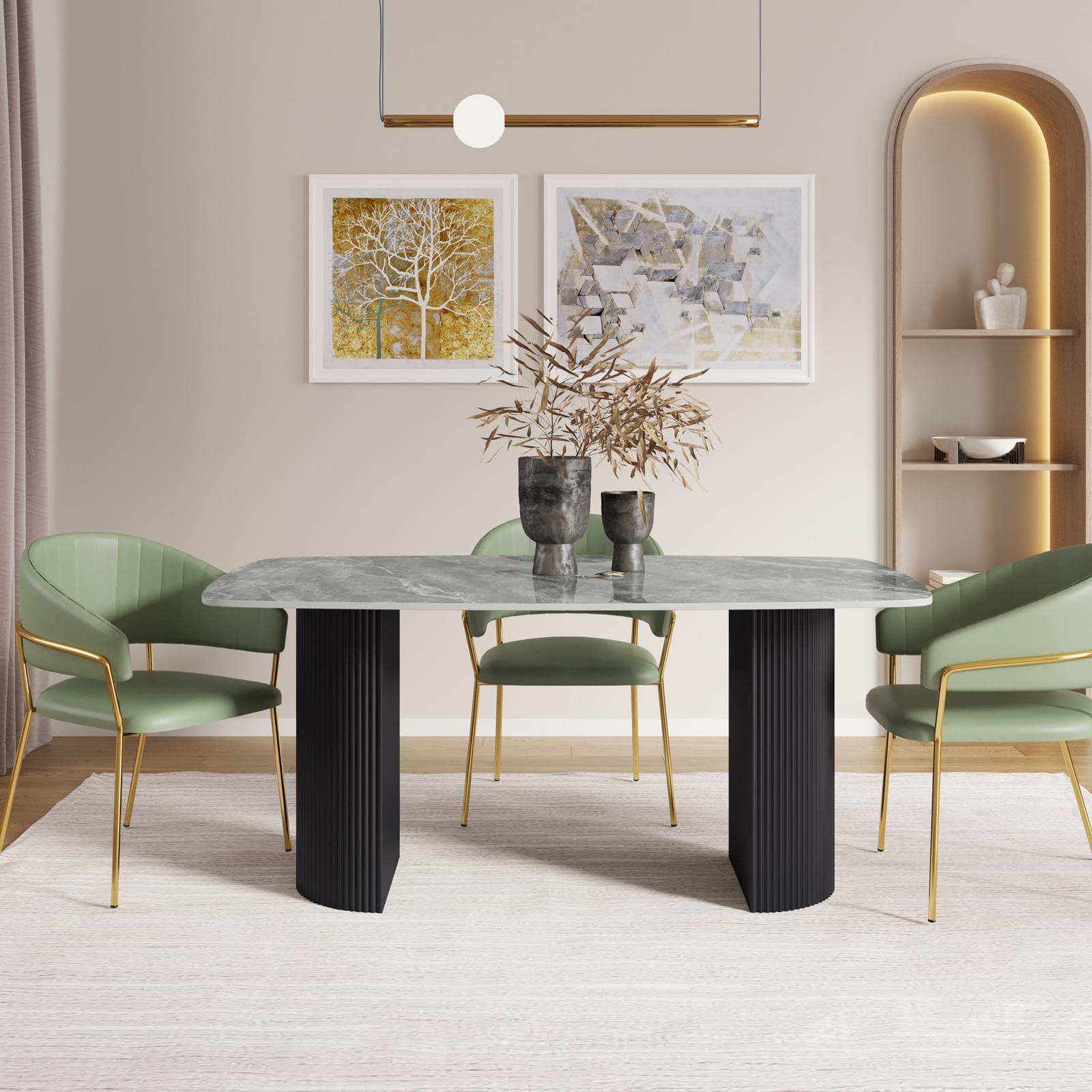 Tavolo da pranzo 160x90 cm top in ceramica effetto marmo grigio e gambe in metallo cannettato nero - Rolam