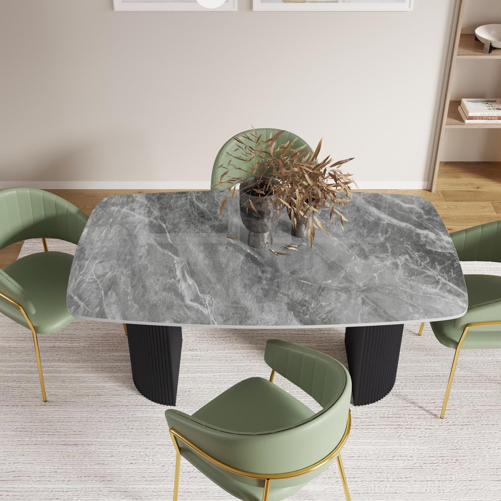 Tavolo da pranzo 160x90 cm top in ceramica effetto marmo grigio e gambe in metallo cannettato nero - Rolam