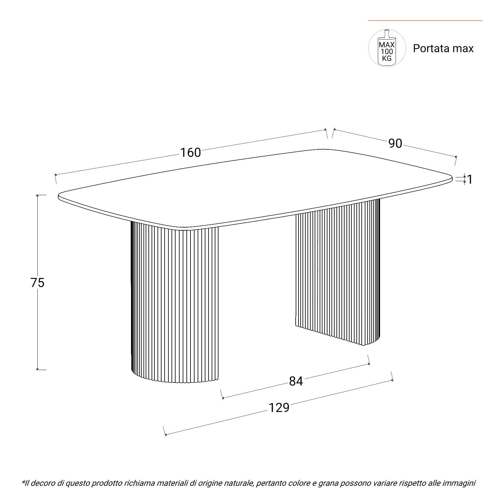Tavolo da pranzo 160x90 cm top in ceramica effetto marmo grigio e gambe in metallo cannettato nero - Rolam
