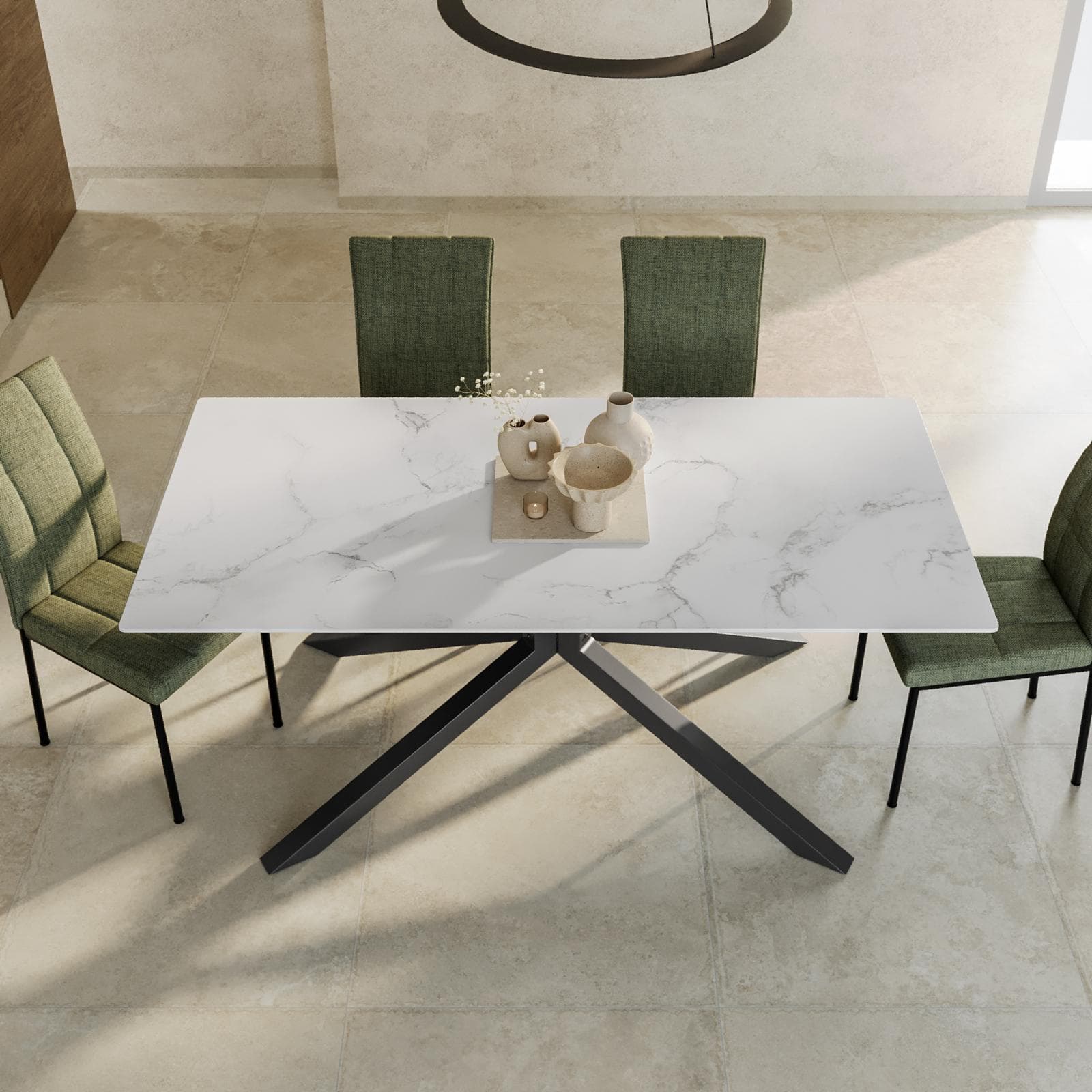 Tavolo da pranzo 180x90 cm con top in ceramica bianco effetto marmo con gambe in metallo nero - Vitus