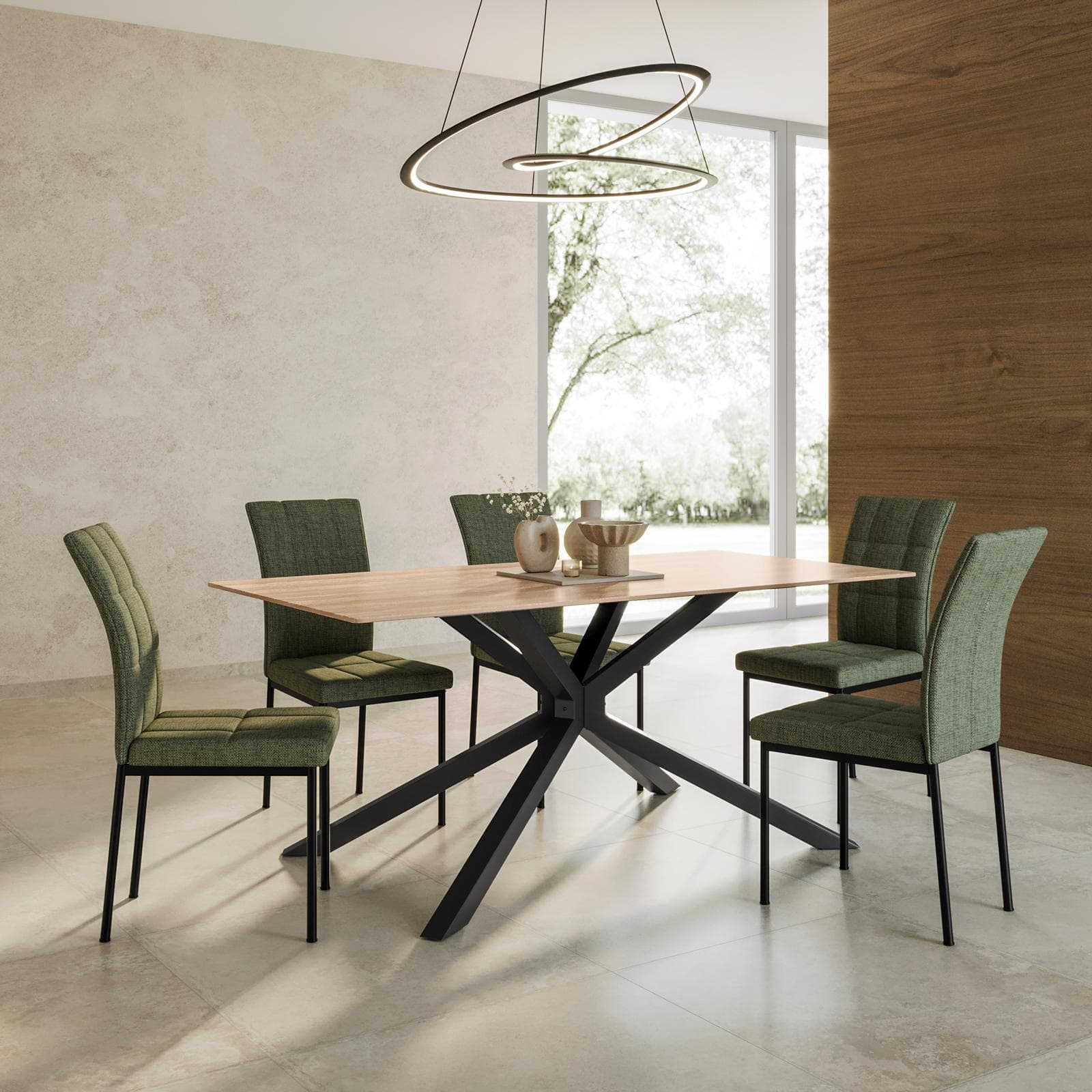 Tavolo da pranzo 180x90 cm con top in ceramica effetto travertino con gambe in metallo nero - Vitus