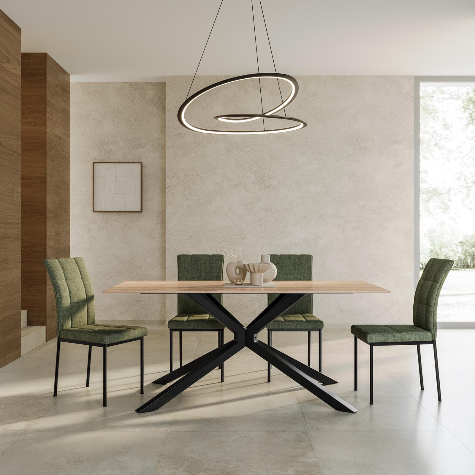 Tavolo da pranzo 180x90 cm con top in ceramica effetto travertino con gambe in metallo nero - Vitus