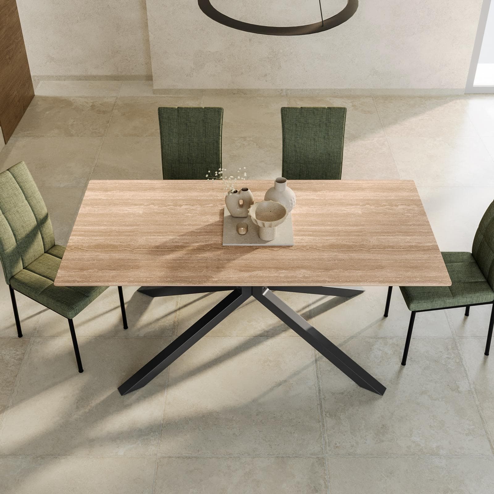 Tavolo da pranzo 180x90 cm con top in ceramica effetto travertino con gambe in metallo nero - Vitus