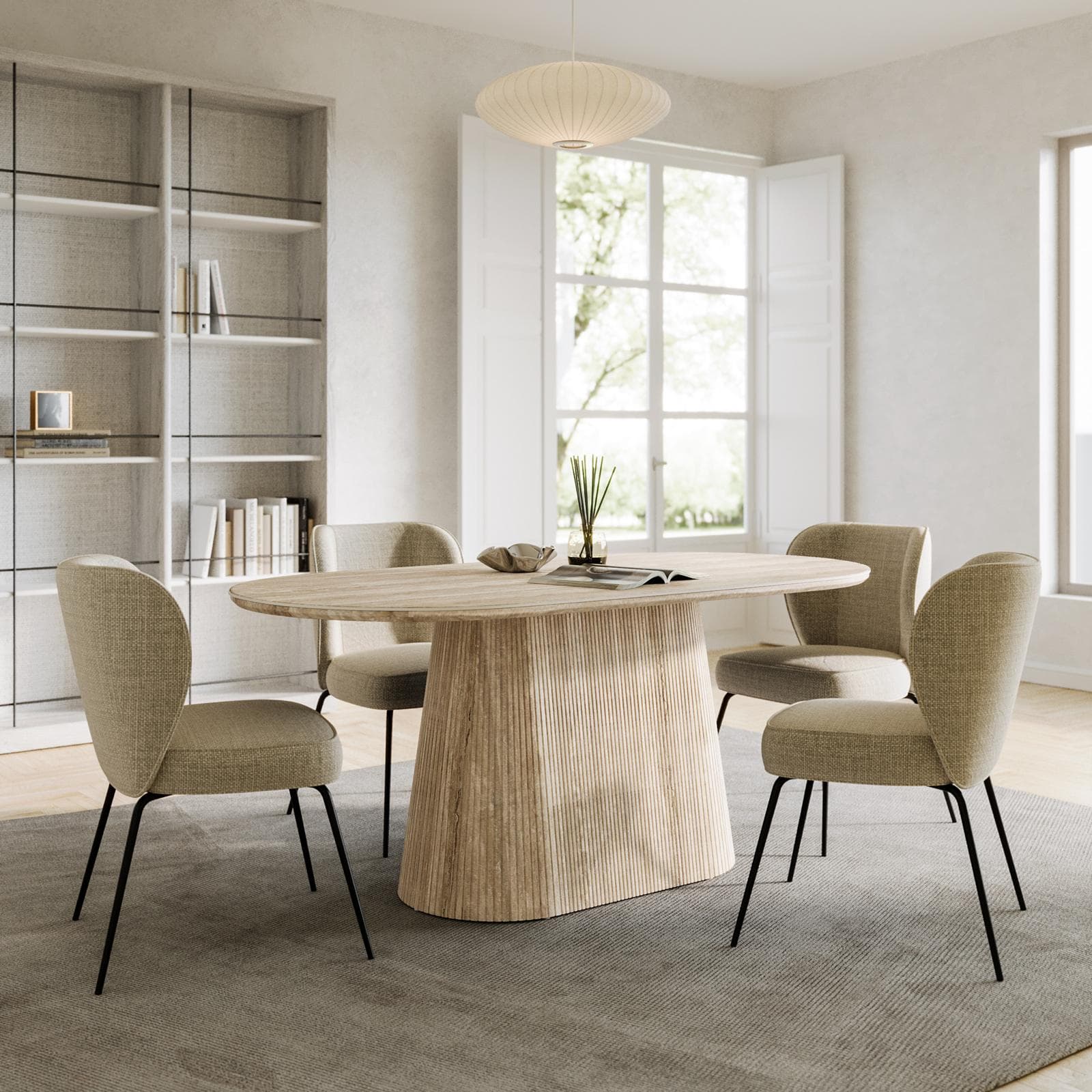 Tavolo da pranzo 180x90 cm con top in pietra sinterizzata e base cannettata beige - Lenry