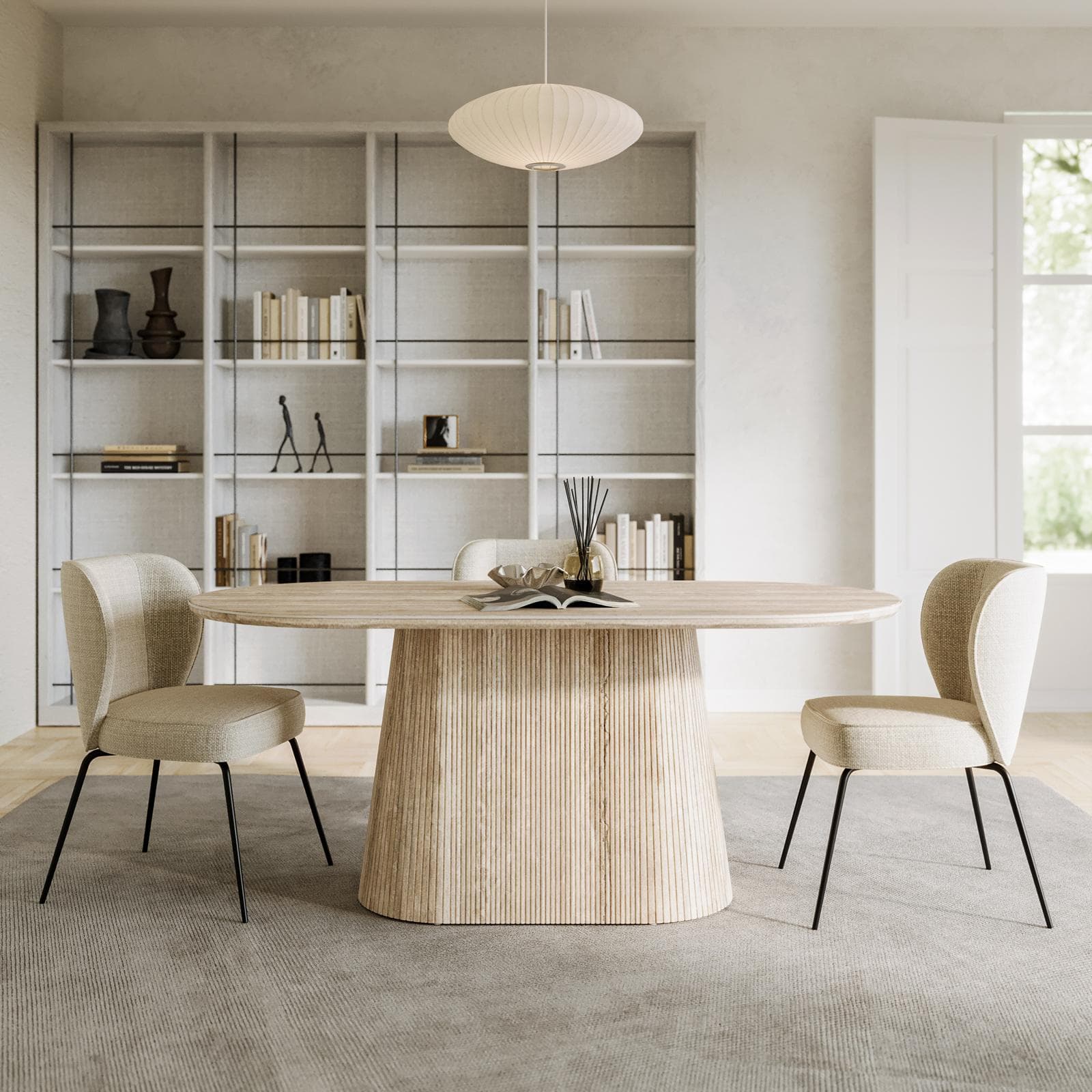 Tavolo da pranzo 180x90 cm con top in pietra sinterizzata e base cannettata beige - Lenry