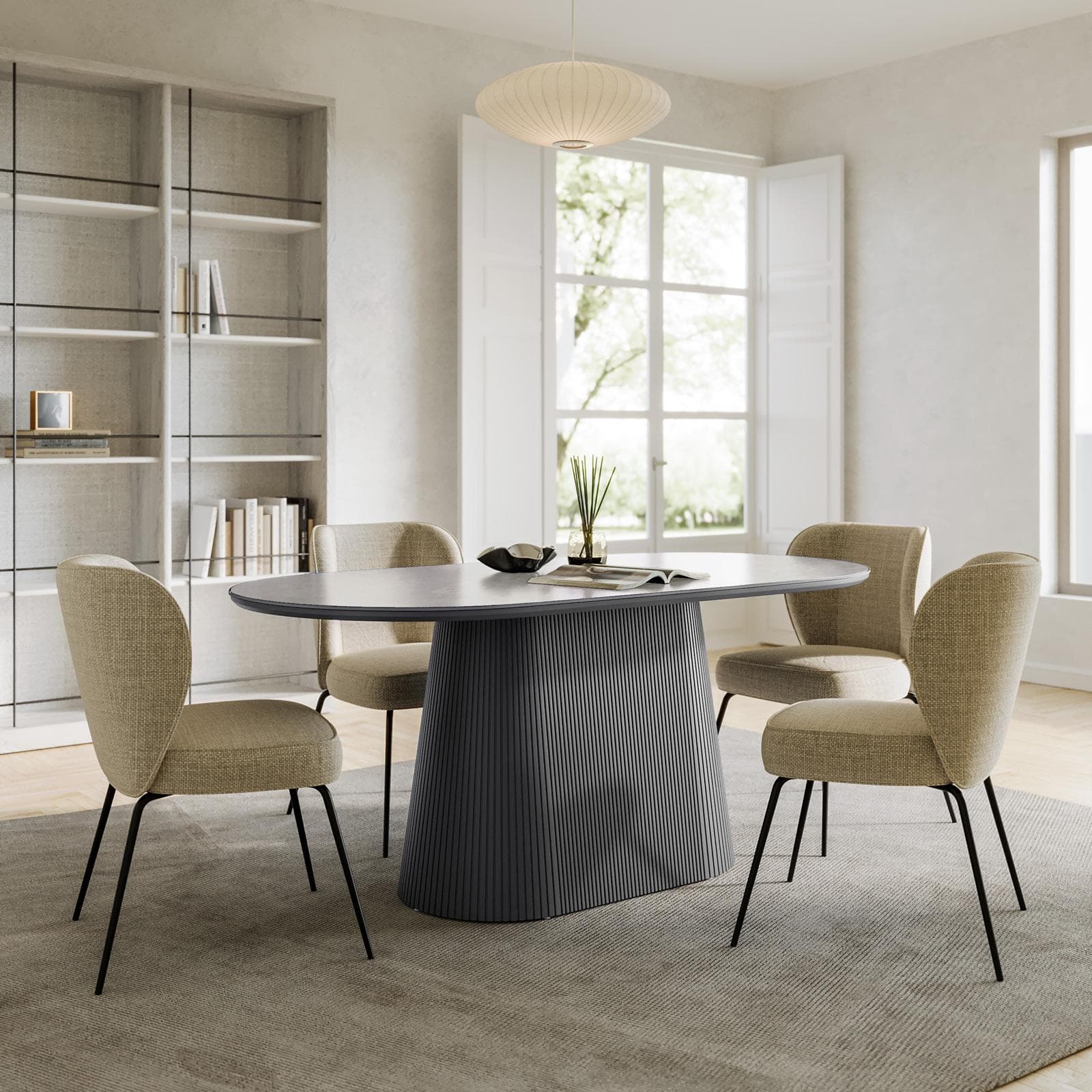 Tavolo da pranzo 180x90 cm con top in pietra sinterizzata e base cannettata grigio - Lenry