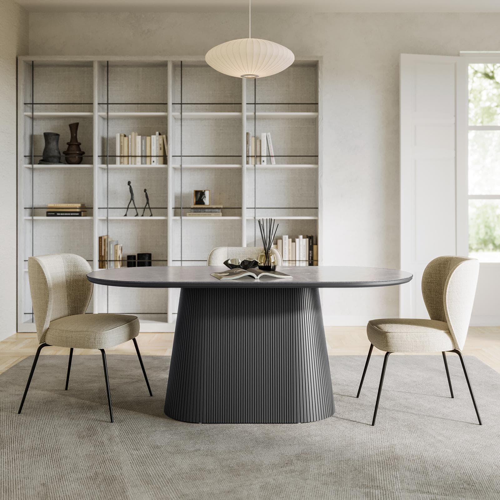Tavolo da pranzo 180x90 cm con top in pietra sinterizzata e base cannettata grigio - Lenry
