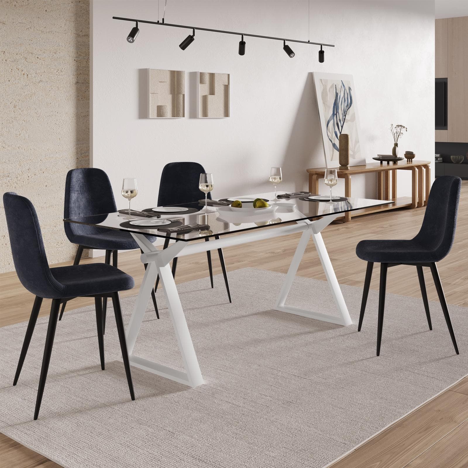 Tavolo da pranzo 180x90 cm piano vetro temperato 10 mm e base in acciaio bianco - Masao XL