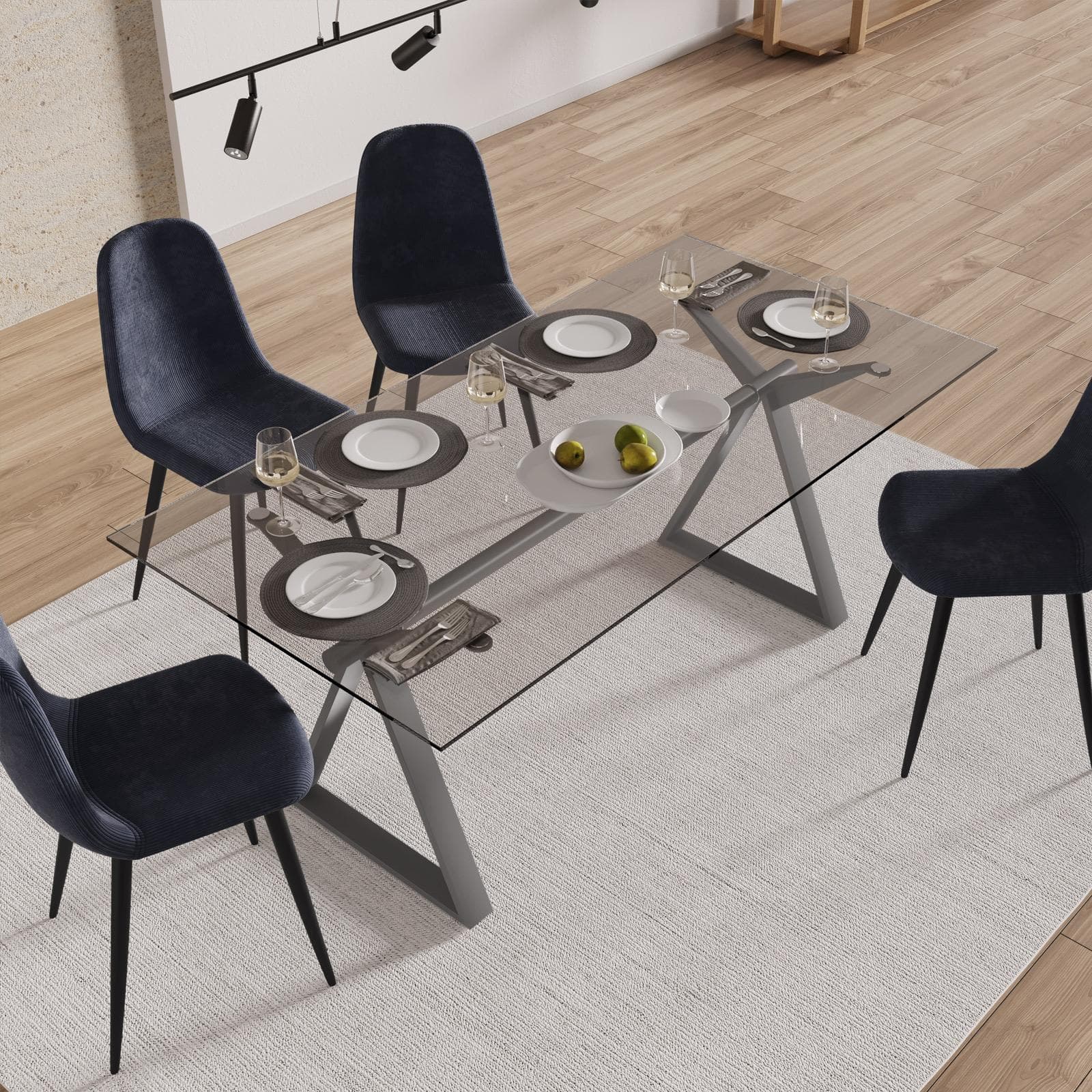 Tavolo da pranzo 180x90 cm piano vetro temperato 10 mm e base in acciaio grigio - Masao XL