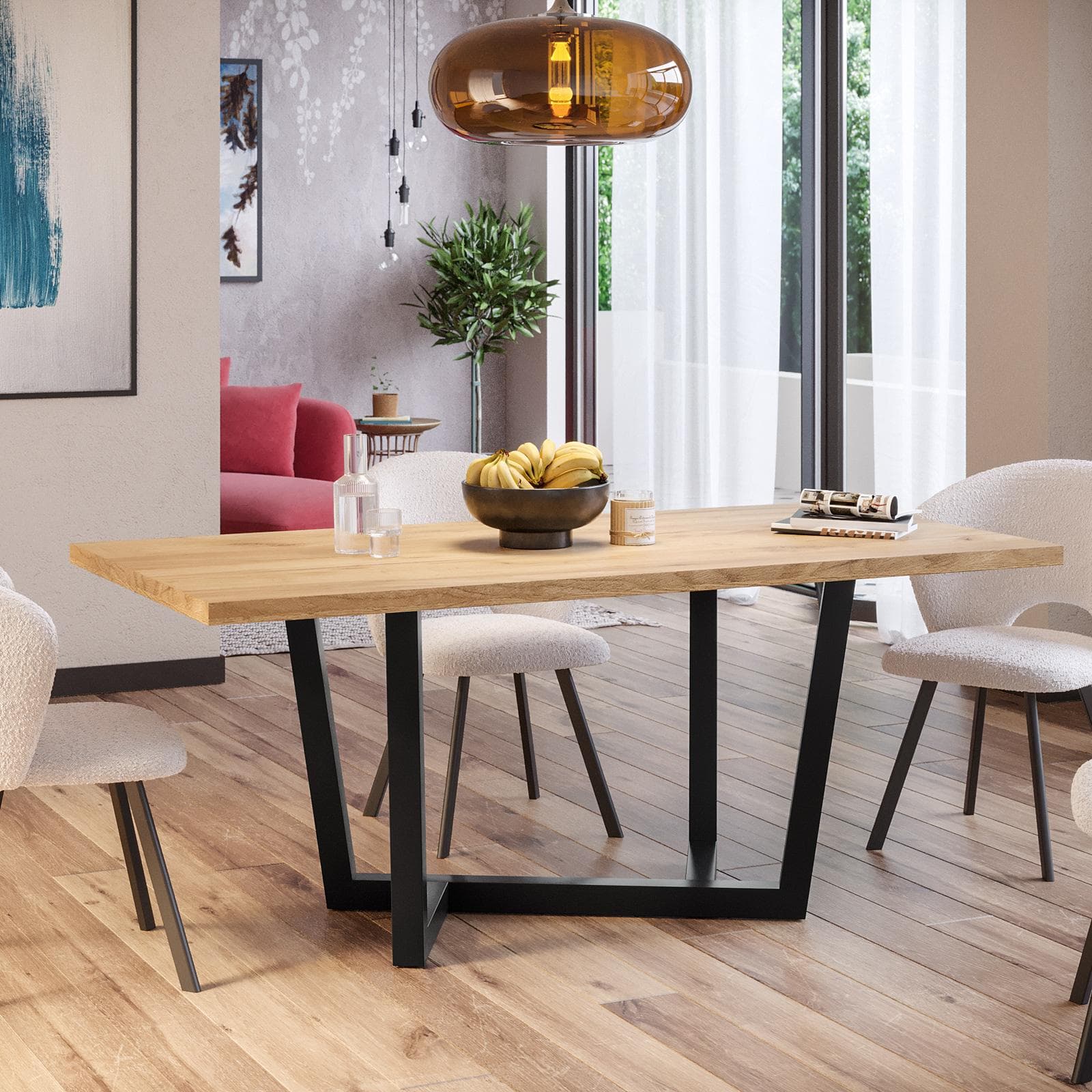 Tavolo da pranzo 180x90 cm top effetto rovere gold 38 mm e gambe in metallo nero - Sedric