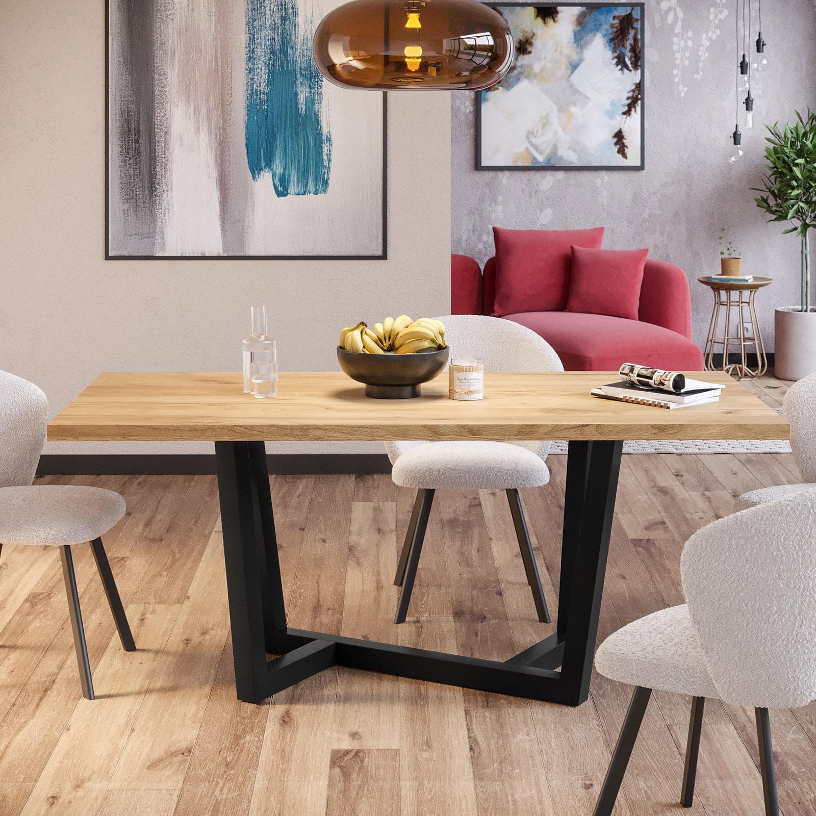 Tavolo da pranzo 180x90 cm top effetto rovere gold 38 mm e gambe in metallo nero - Sedric