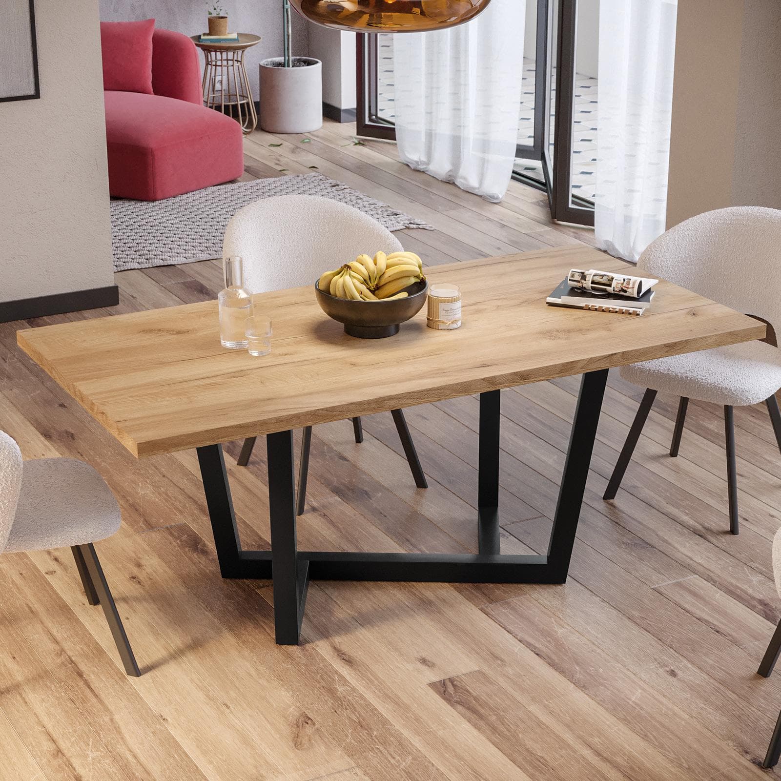Tavolo da pranzo 180x90 cm top effetto rovere gold 38 mm e gambe in metallo nero - Sedric
