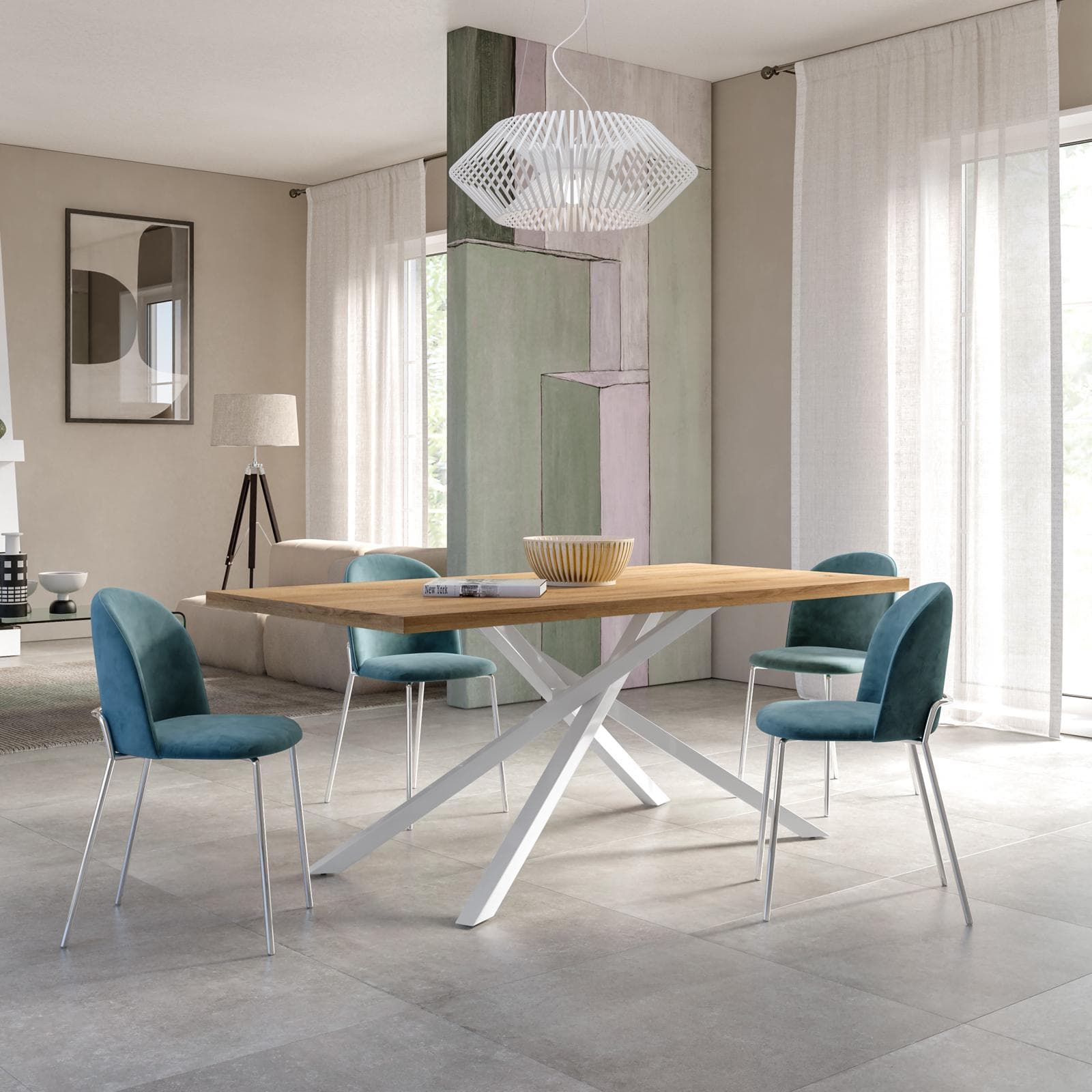 Tavolo da pranzo 180x90 cm top effetto rovere gold 38 mm e gambe incrociate in metallo bianco – Arkeo