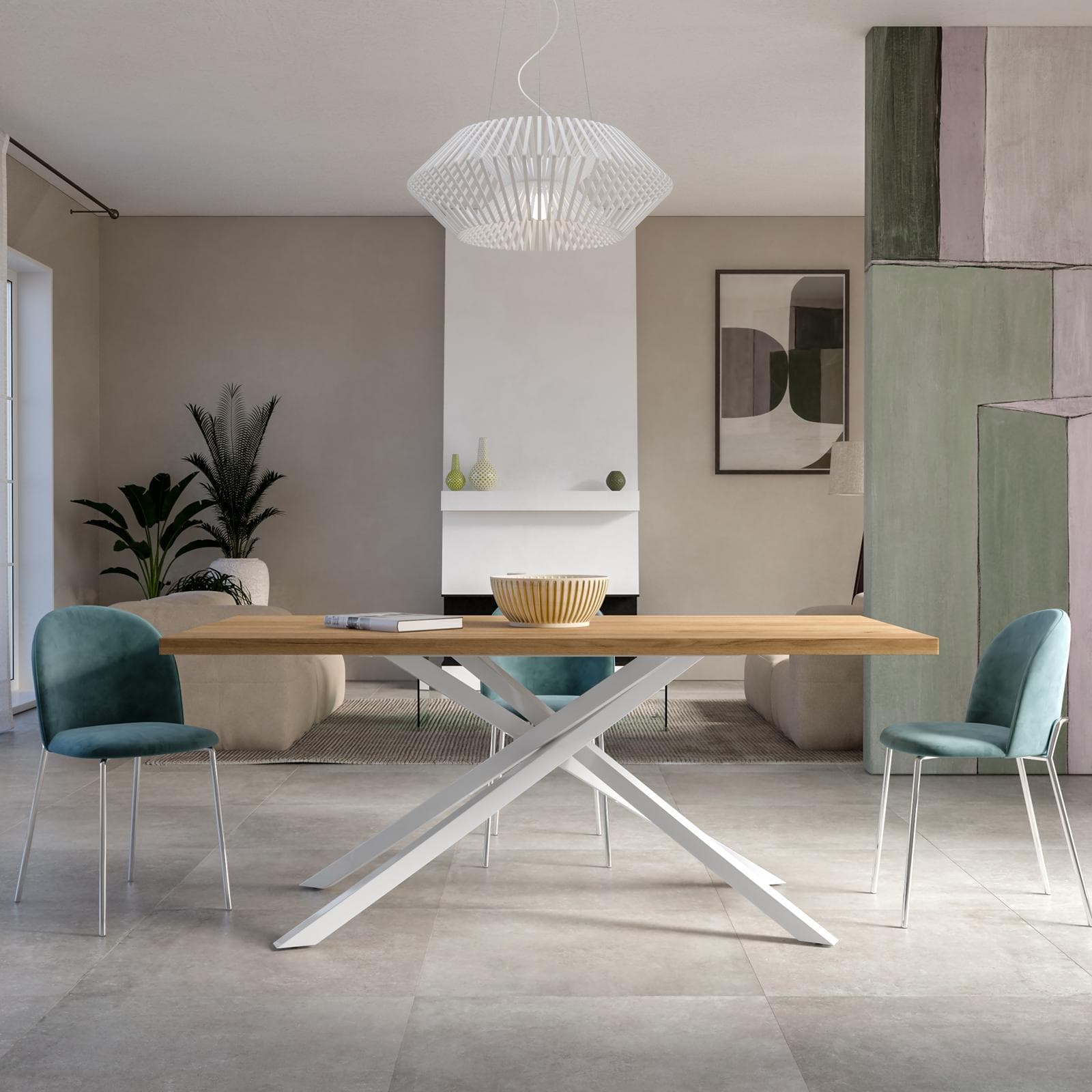 Tavolo da pranzo 180x90 cm top effetto rovere gold 38 mm e gambe incrociate in metallo bianco – Arkeo