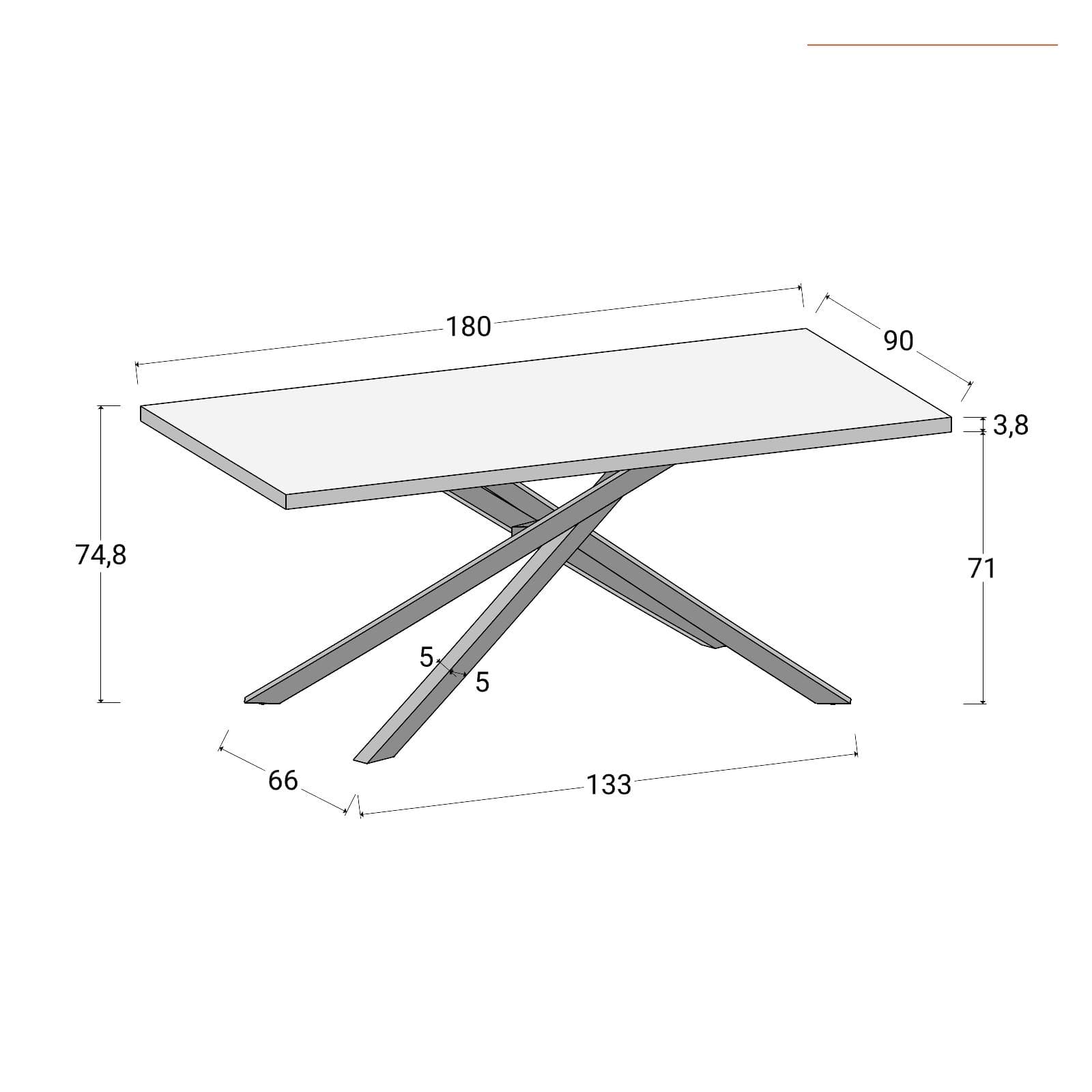 Tavolo da pranzo 180x90 cm top effetto rovere gold 38 mm e gambe incrociate in metallo bianco – Arkeo