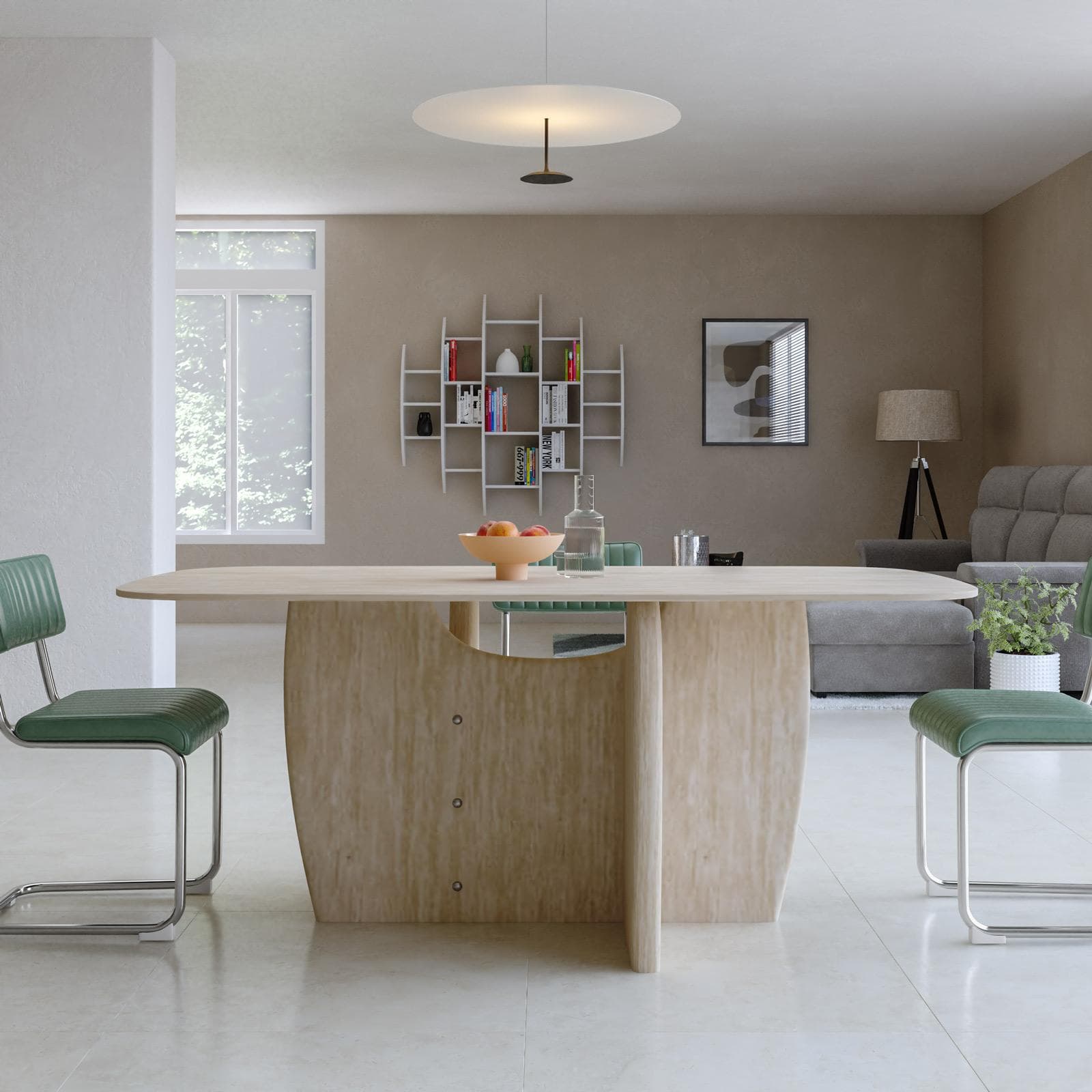 Tavolo da pranzo 180x90 cm top in ceramica e gambe effetto travertino - Iselin