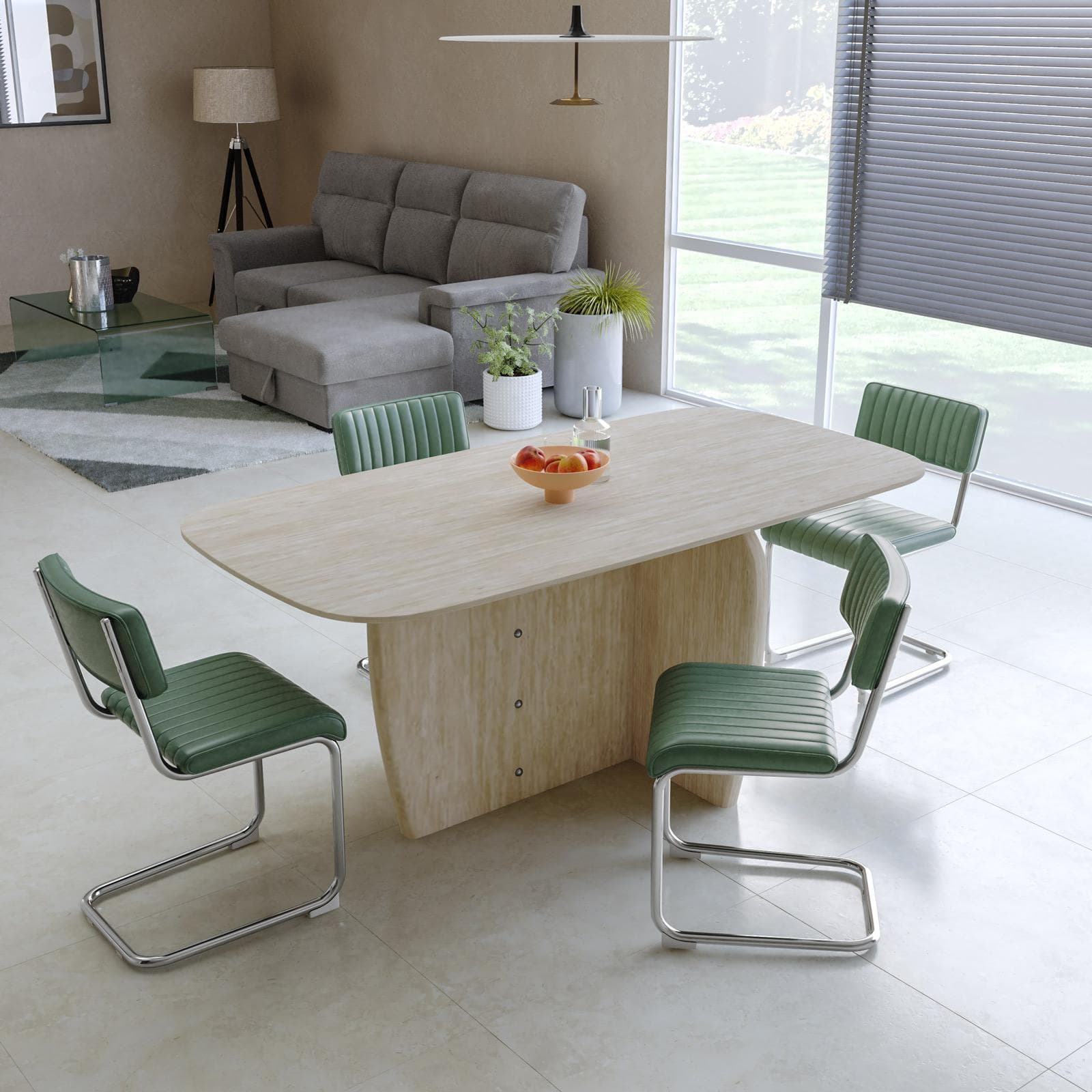Tavolo da pranzo 180x90 cm top in ceramica e gambe effetto travertino - Iselin