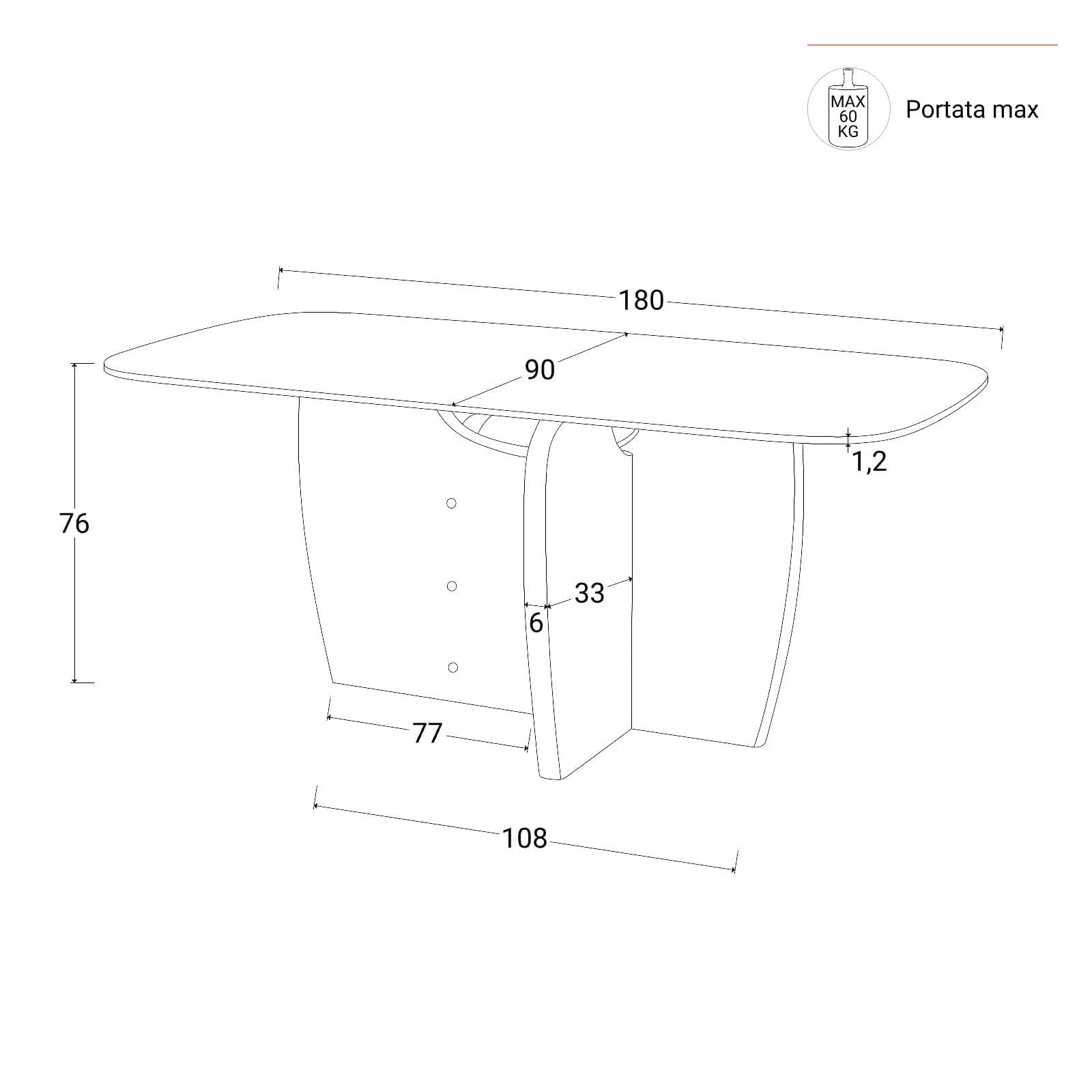Tavolo da pranzo 180x90 cm top in ceramica e gambe effetto travertino - Iselin