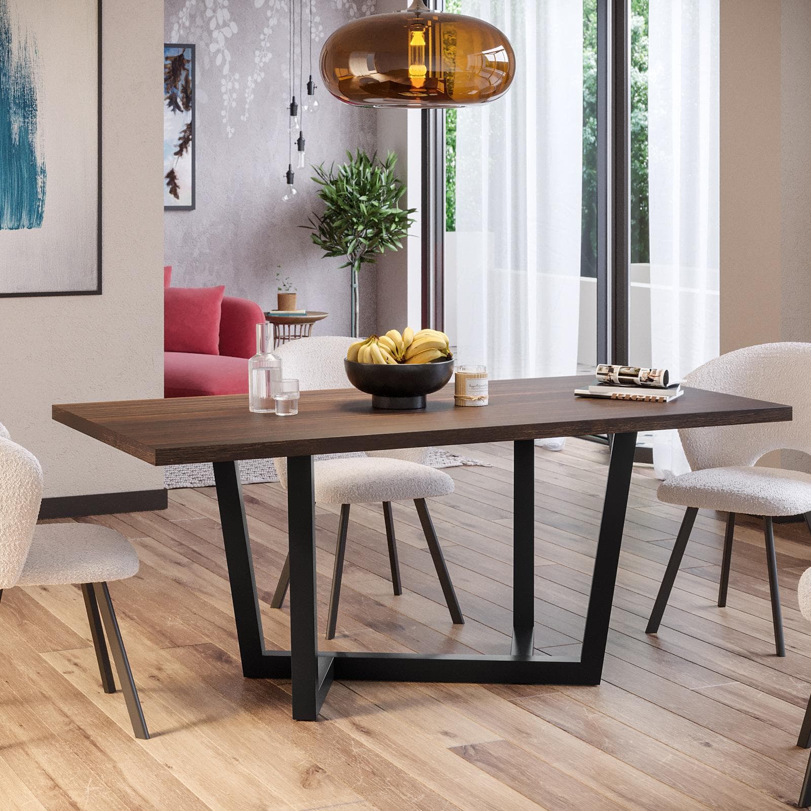 Tavolo da pranzo 200x100 cm top effetto rovere deciso 38 mm e gambe in metallo nero - Sedric