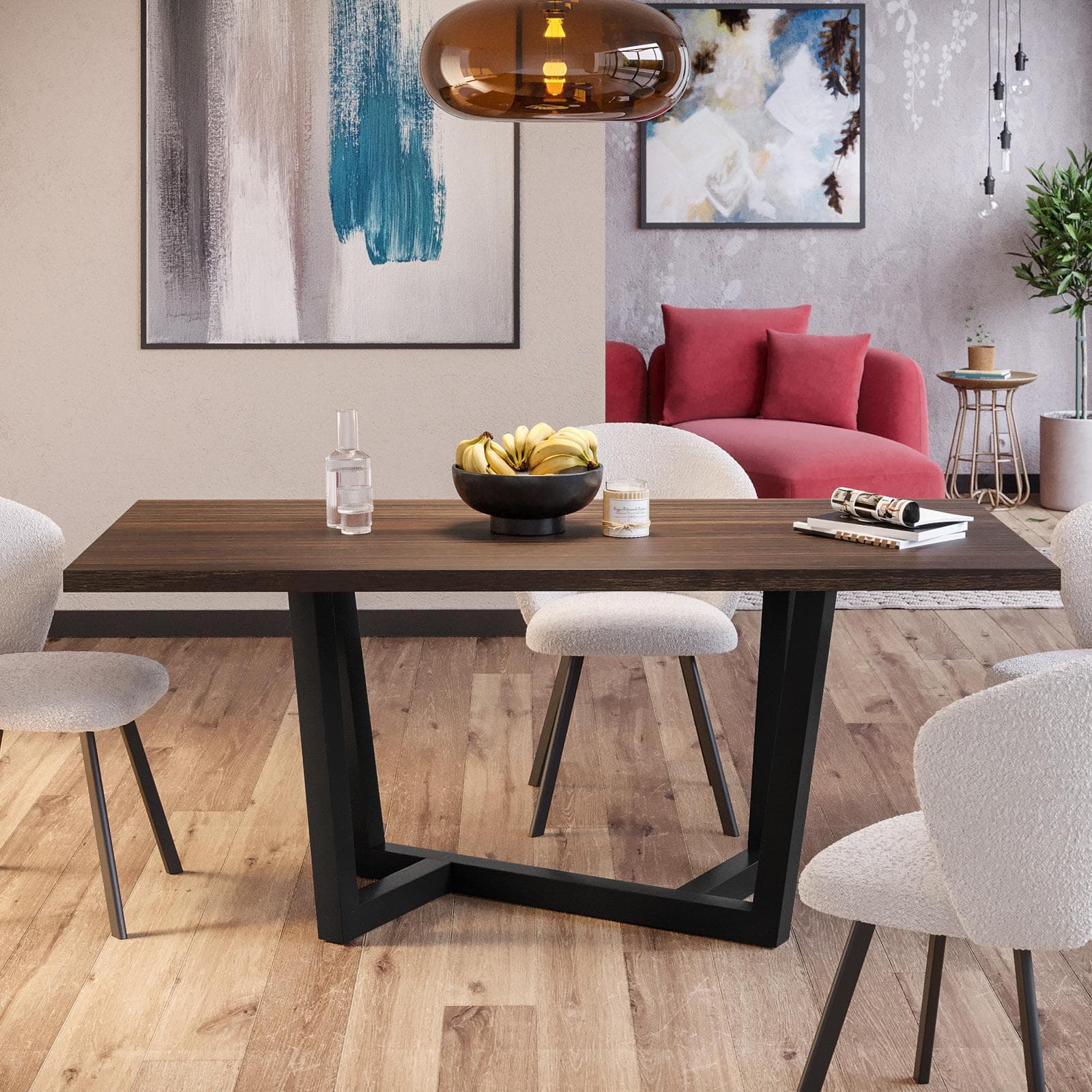 Tavolo da pranzo 200x100 cm top effetto rovere deciso 38 mm e gambe in metallo nero - Sedric