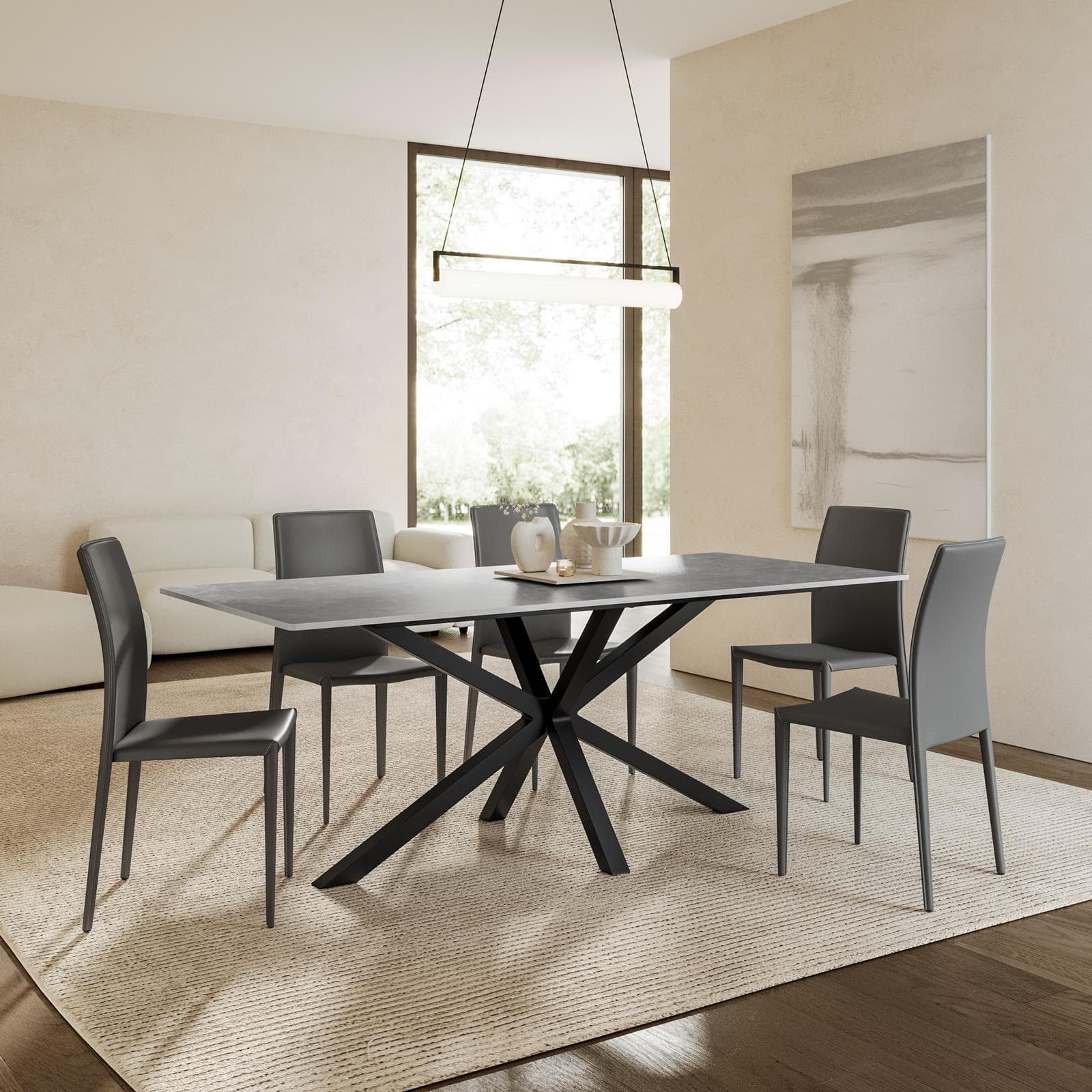 Tavolo da pranzo 200x90 cm top in pietra sinterizzata grigio opaco e gambe in metallo nero - Cifran