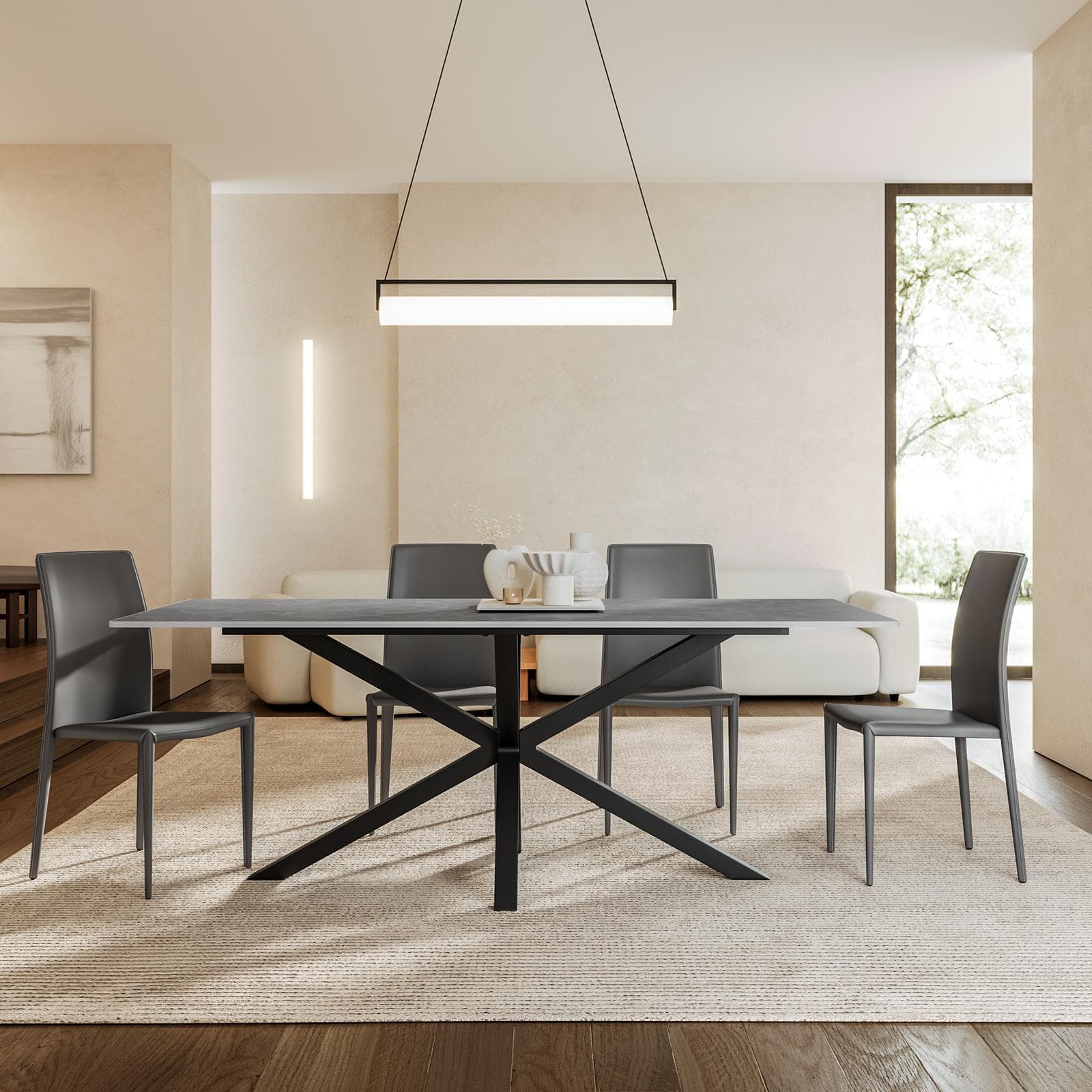 Tavolo da pranzo 200x90 cm top in pietra sinterizzata grigio opaco e gambe in metallo nero - Cifran
