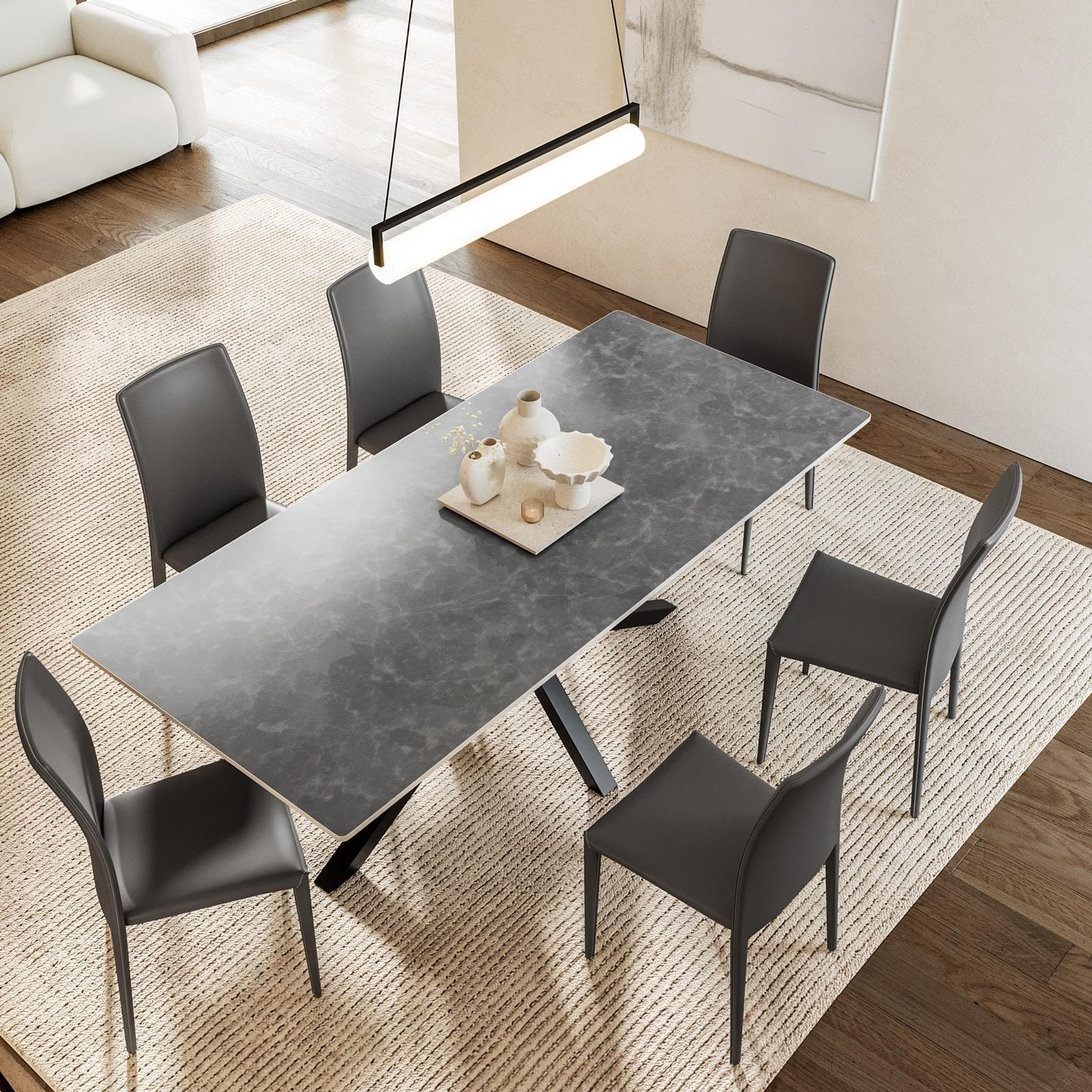 Tavolo da pranzo 200x90 cm top in pietra sinterizzata grigio opaco e gambe in metallo nero - Cifran
