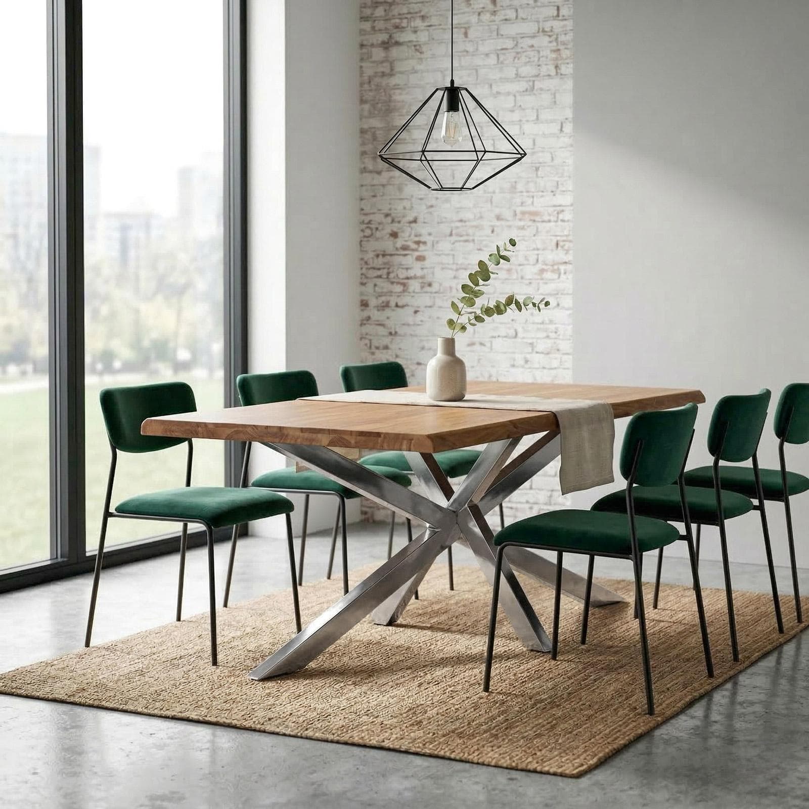Tavolo 220x100 cm con top in legno di acacia da 55 mm e gambe a croce in metallo cromo - Freia Acacia