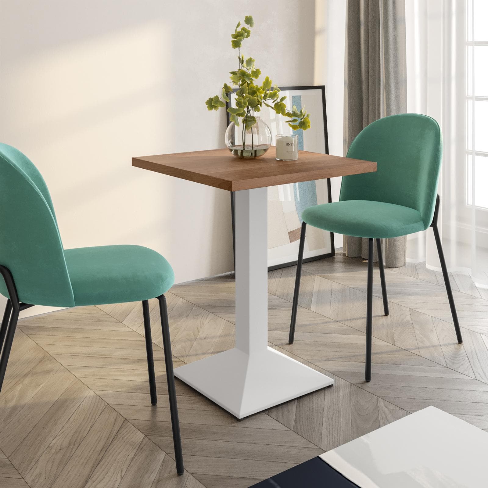 Tavolo da pranzo 60x60 cm con top effetto rovere scuro e base in metallo bianco - Caio