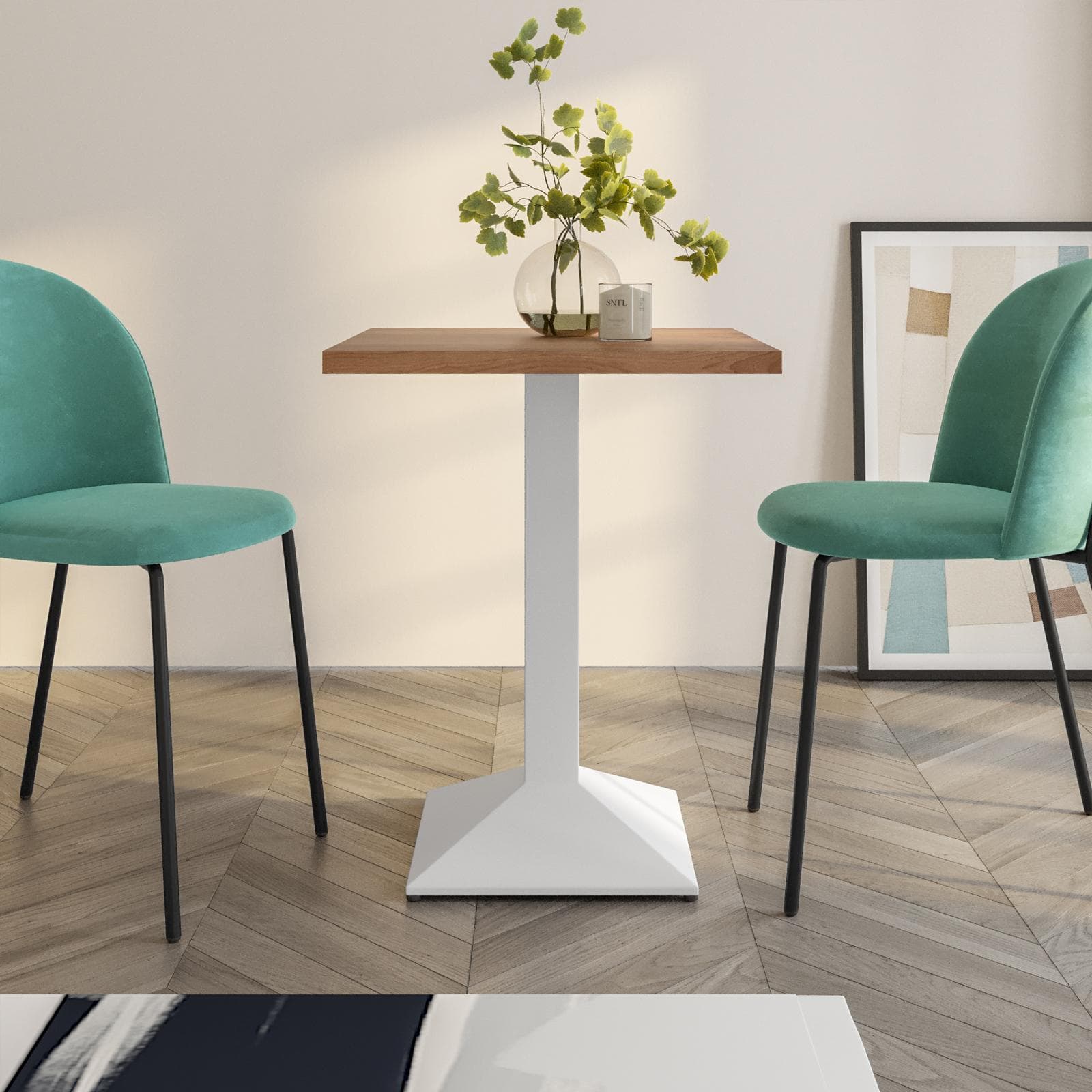Tavolo da pranzo 60x60 cm con top effetto rovere scuro e base in metallo bianco - Caio
