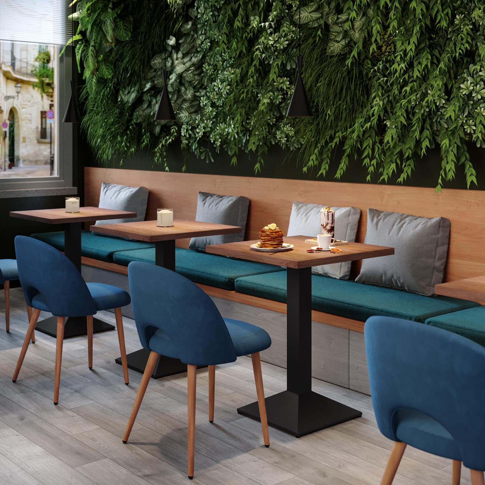 Tavolo da pranzo 60x60 cm con top effetto rovere scuro e base in metallo nero - Caio
