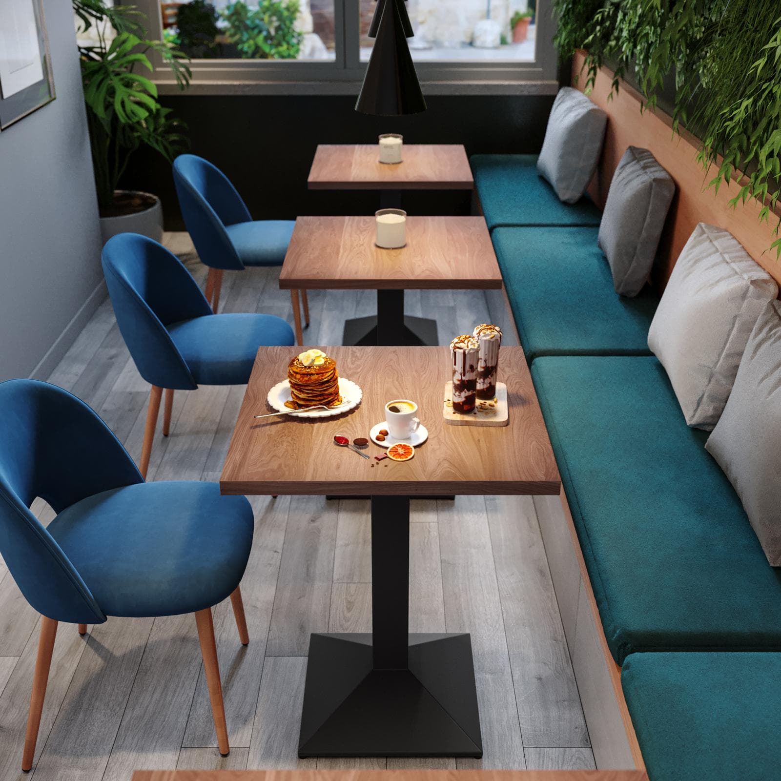 Tavolo da pranzo 60x60 cm con top effetto rovere scuro e base in metallo nero - Caio