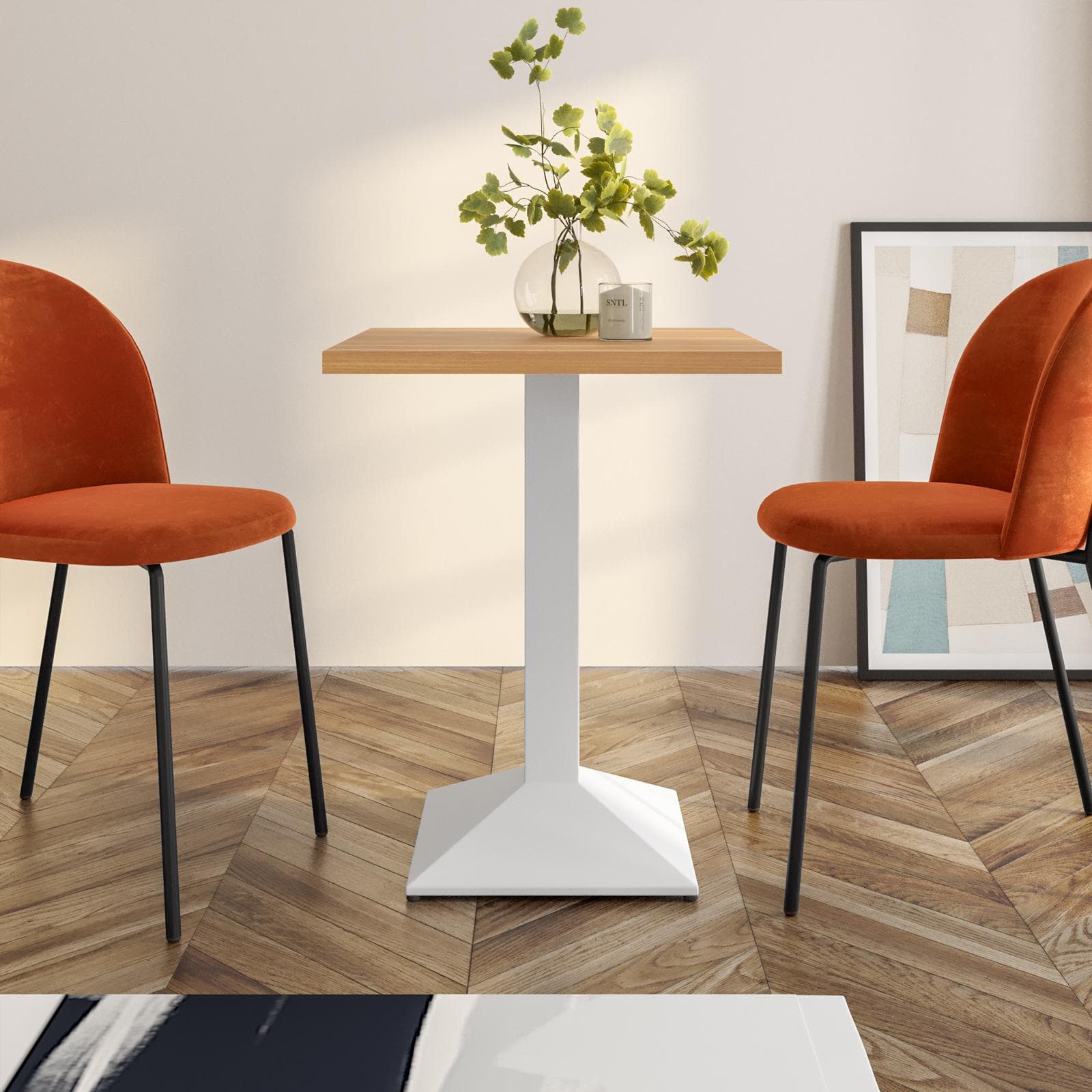 Tavolo da pranzo 70x70 cm con top effetto rovere da 30 mm e base in metallo bianco - Caio
