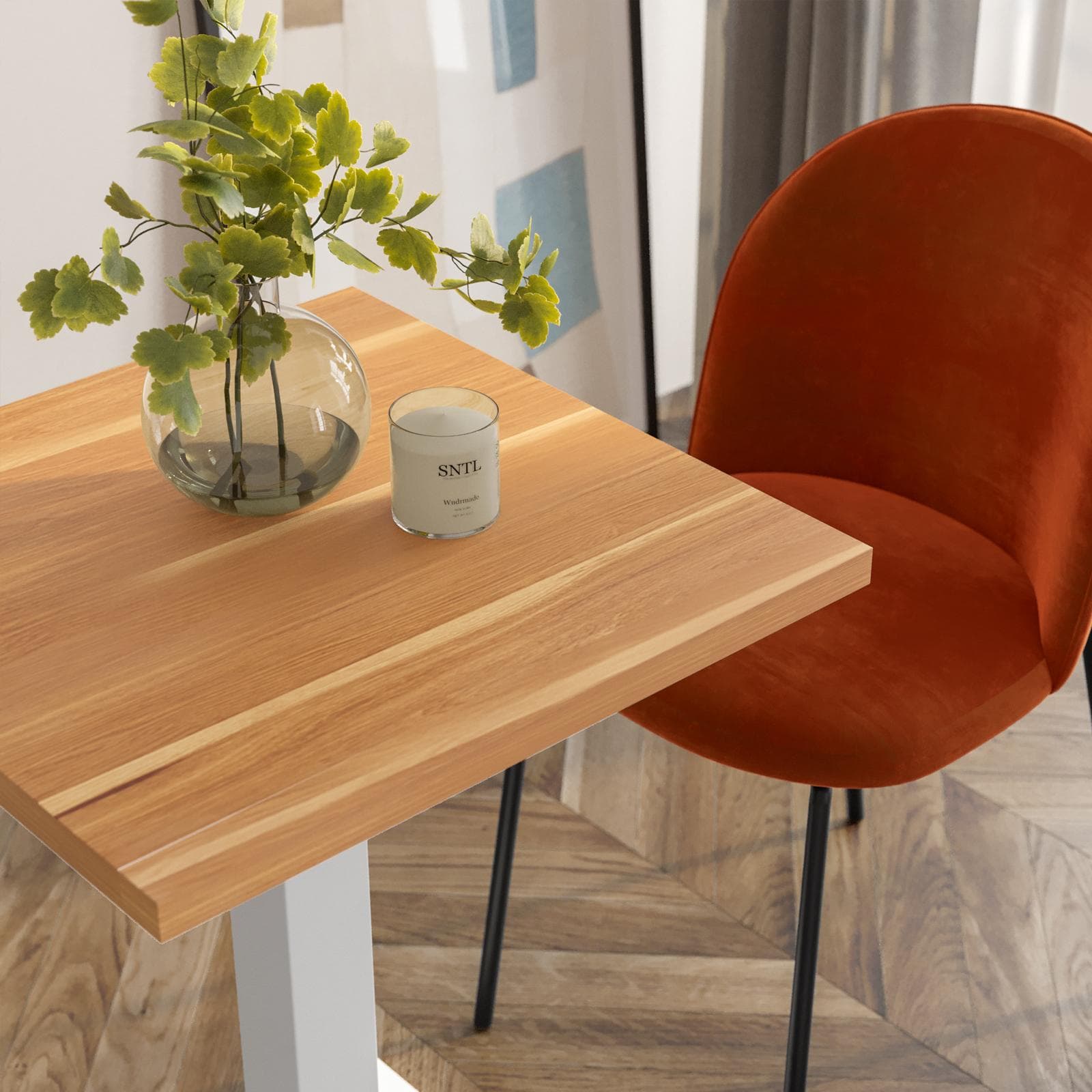 Tavolo da pranzo 70x70 cm con top effetto rovere da 30 mm e base in metallo bianco - Caio