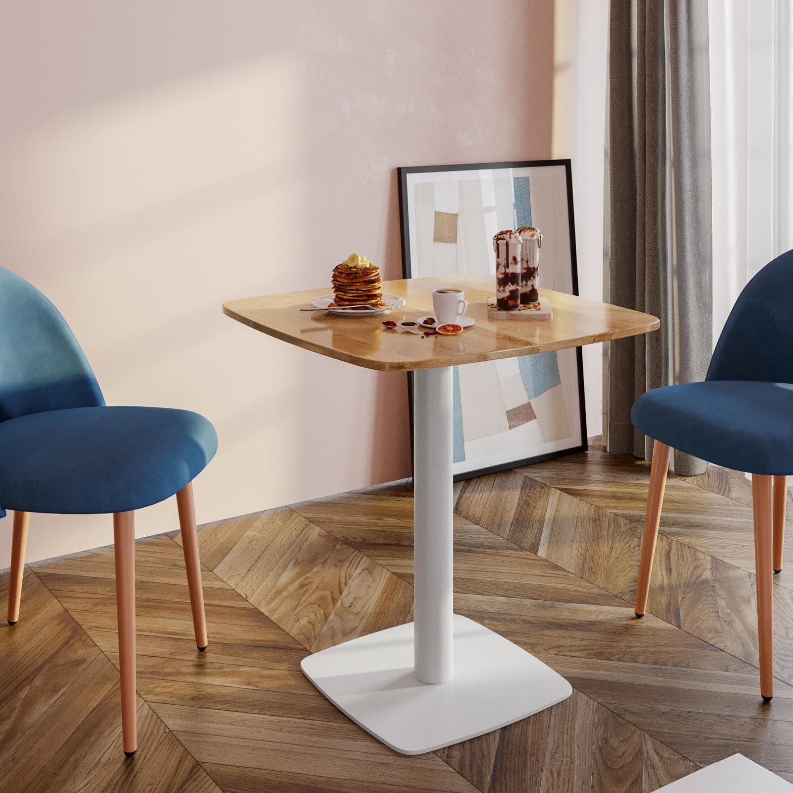 Tavolo da pranzo 70x70 cm top effetto rovere con bordi arrotondati e base in metallo bianco - Caio Round
